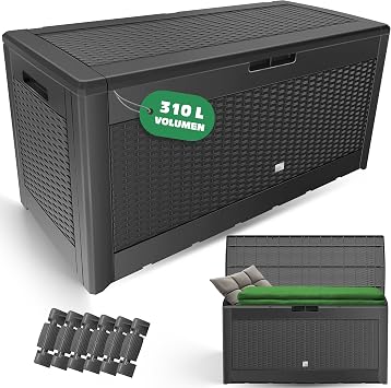 KESSER Rattan Look Garden Storage Box, 310L, Foldable Lid, 3 Handles, Wheels, Weatherproof, Easy Assembly