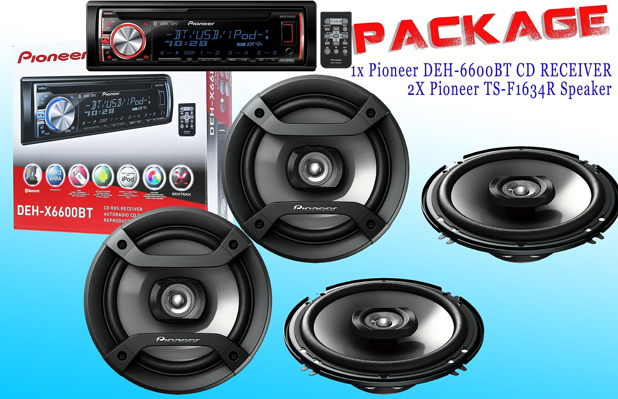 Package ! Pioneer DEH-X6600BT CD-Receiver + Two Sets Pioneer TS-F1634R Car Speakers - 4 Speakers