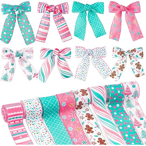 8PCS Pastel Christmas Wired Edge Ribbon Pink Blue Plaid Stripe Candy Rainbow Gingerbread Christmas Tree Fabric Craft Ribbon Colorful DIY Craft Fabric Ribbons for Xmas Decoration, 48 Yards