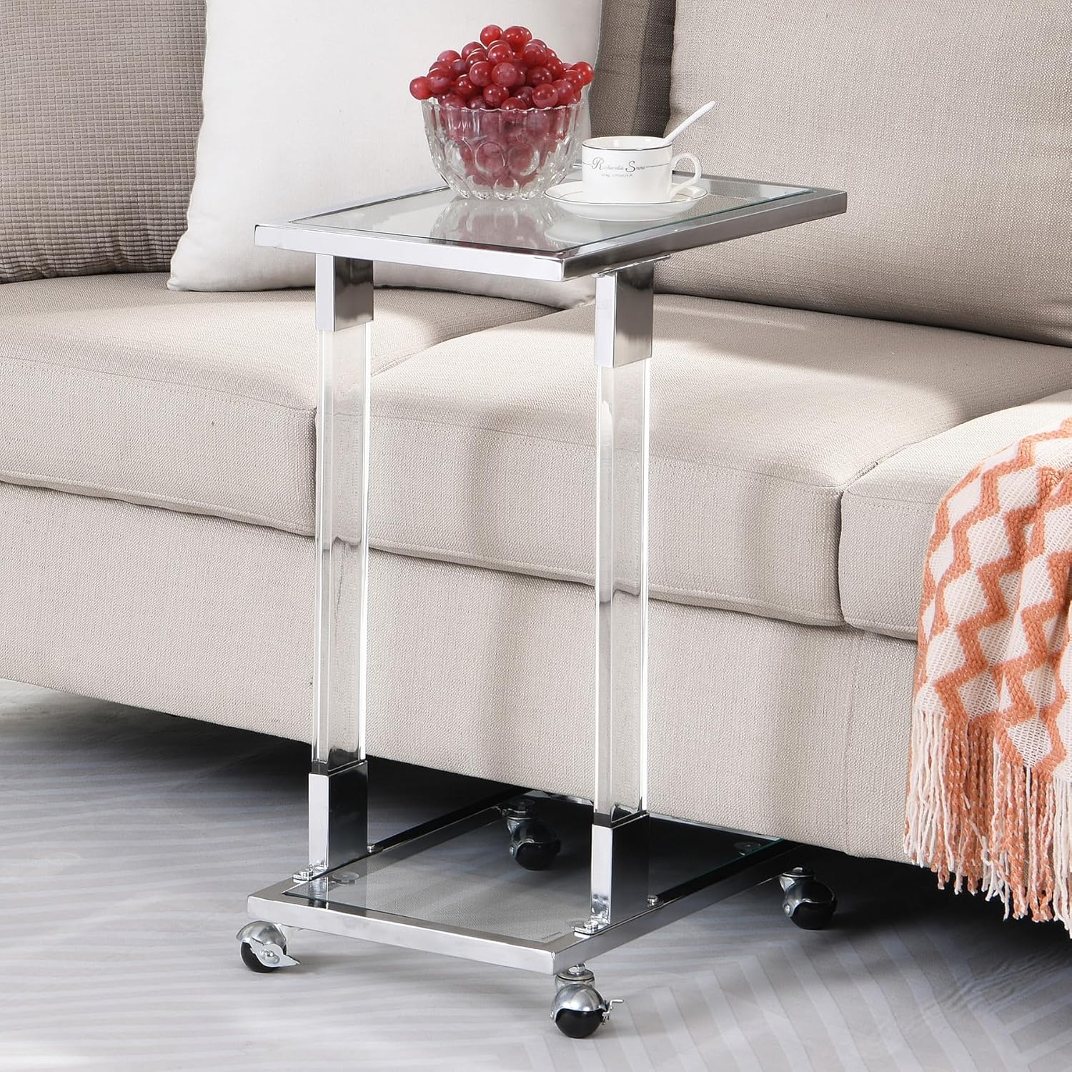 Mobile Clear Glass End Table with Acrylic Frame Modern C
