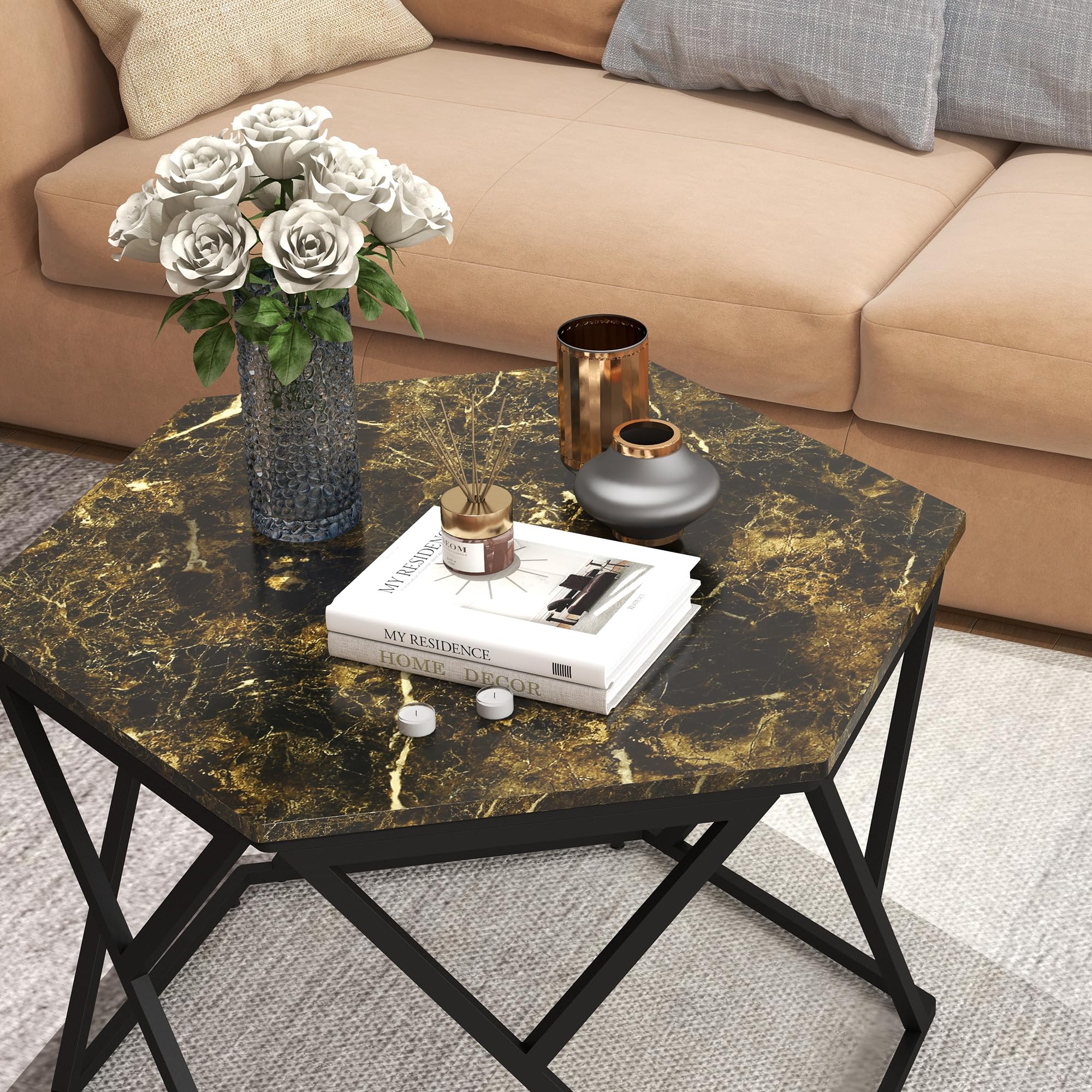 HOMCOM Tavolino da Salotto Moderno con Piano in Finto Marmo e Struttura in MDF e Acciaio, 81x70x51.2cm, Nero