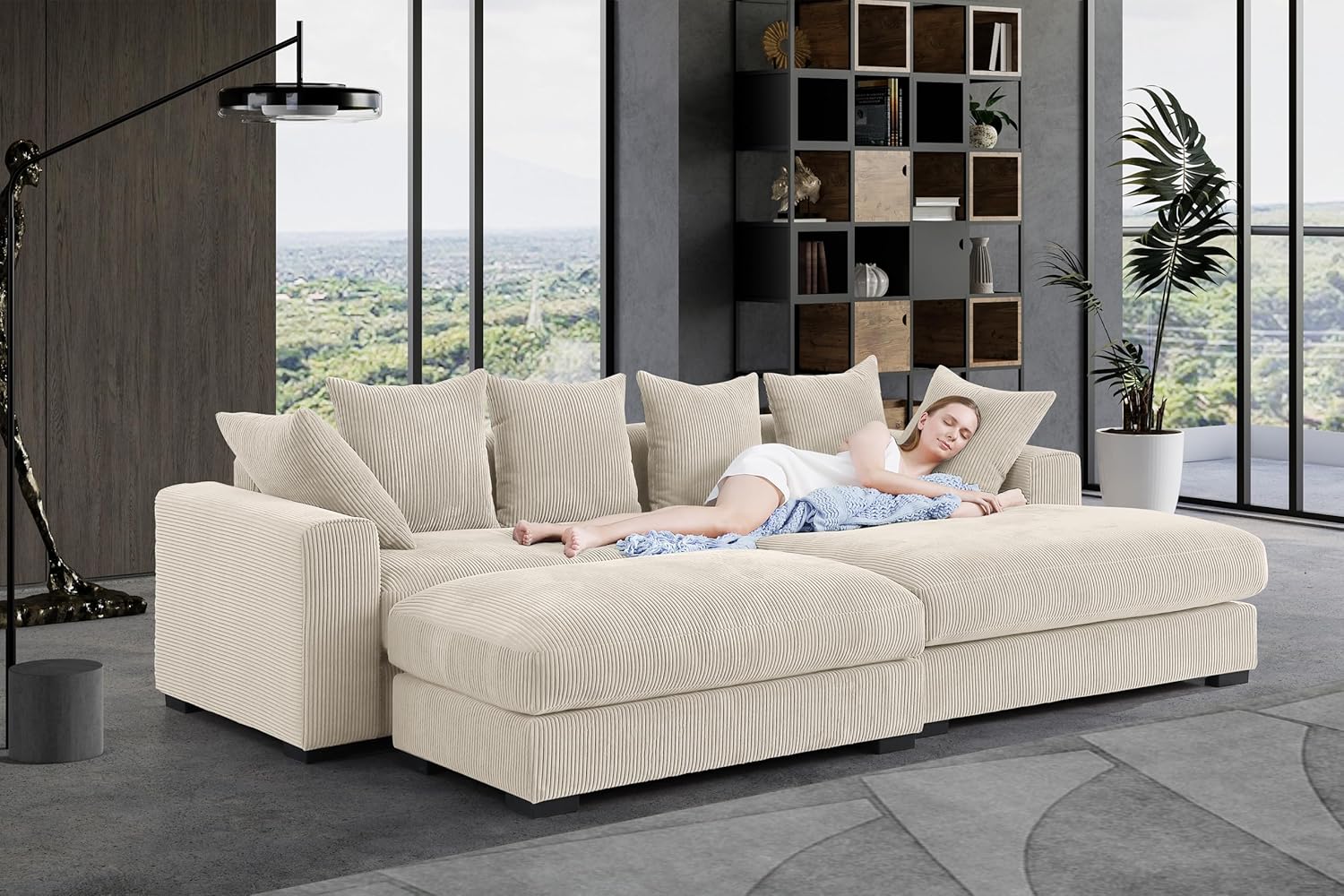 WILLIAMSPACE 109.75" Sectional Sofa Couch with Removable Ottoman, Modern Luxury Upholstered L-Shaped Sofa with Large Chaise Lounge, Comfy 4-Seat Couch with 6 Pillows for Living Room (Beige)