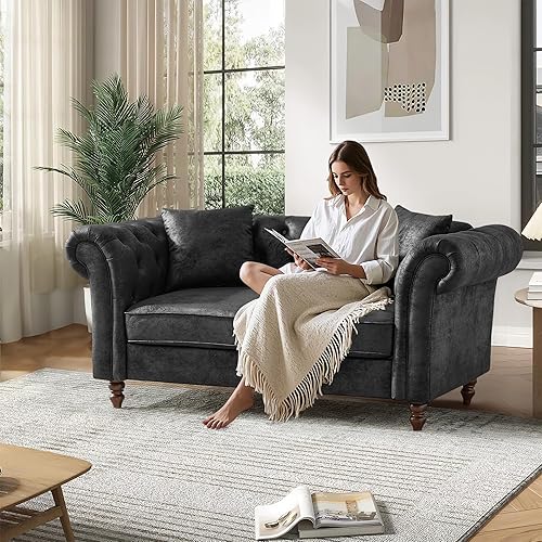 Miniatura 17 de Sofá Chesterfield Air tapizado de cuero de 79 pulgadas, sofá tapizado con brazo enrollado de 3 plazas con 2 almohadas, sofá Chesterfield moderno de