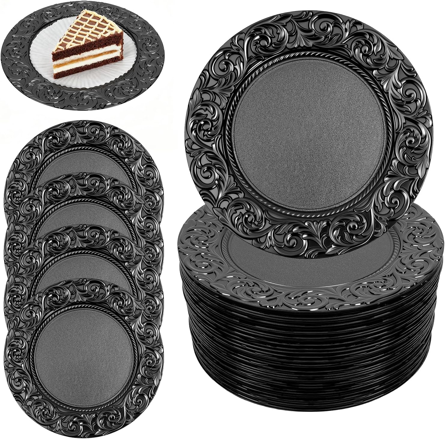 100 Pcs Charger Plates Bulk 13'' Black Round Rustic Plastic Plates 100 Pcs Stacked Table Decoration Ruffled Rim Dinner Charger for Wedding Party & Holiday