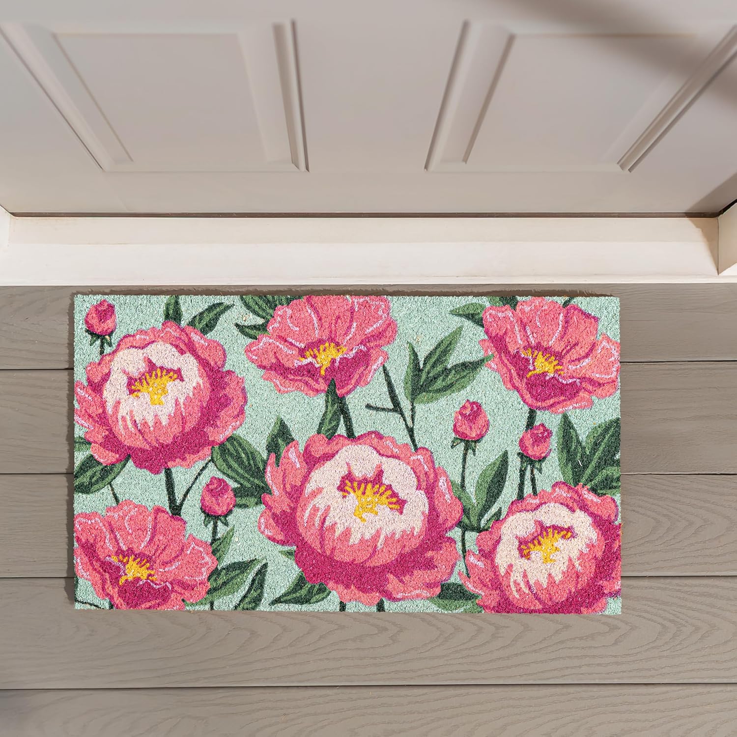 Evergreen Vibrant Peonies Coir Doormat, 30"x18" Welcome Mats for Outdoor & Indoor Entrance, Mud Catcher Entryway Rug, Non-Slip Backing Coir Front Door Mat for Outside Porch Patio