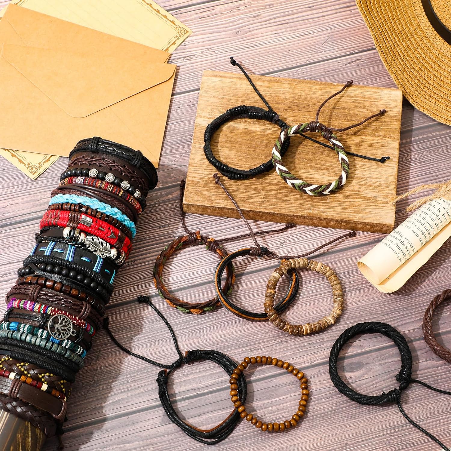 Unittype 80 Pcs Braided Leather Bracelets for Men Women Wrap Wood Beads Cuff Bracelet, Hemp Cords Ethnic Tribal Handmade Wrap Wristband Bracelets Set Adjustable