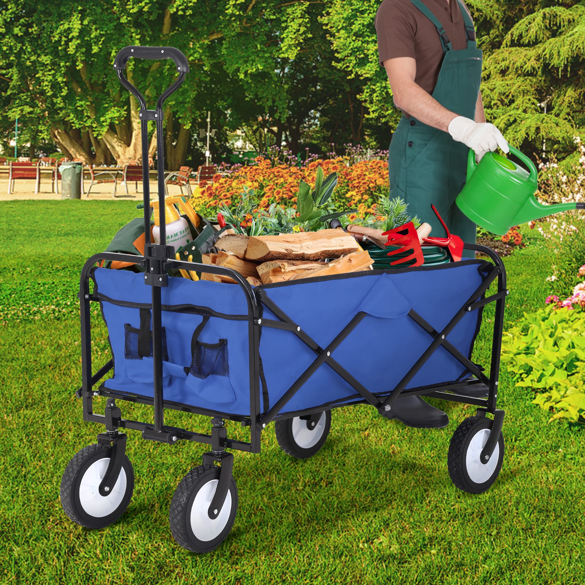 Collapsible Wagon Folding Camping Garden Cart Heavy Duty Grocery Beach Wagon Portable Utility Wagon Cart Outdoor Hand Cart with 4 Universal Wheel & Adjustable Handle for Outdoor Activities, Blue