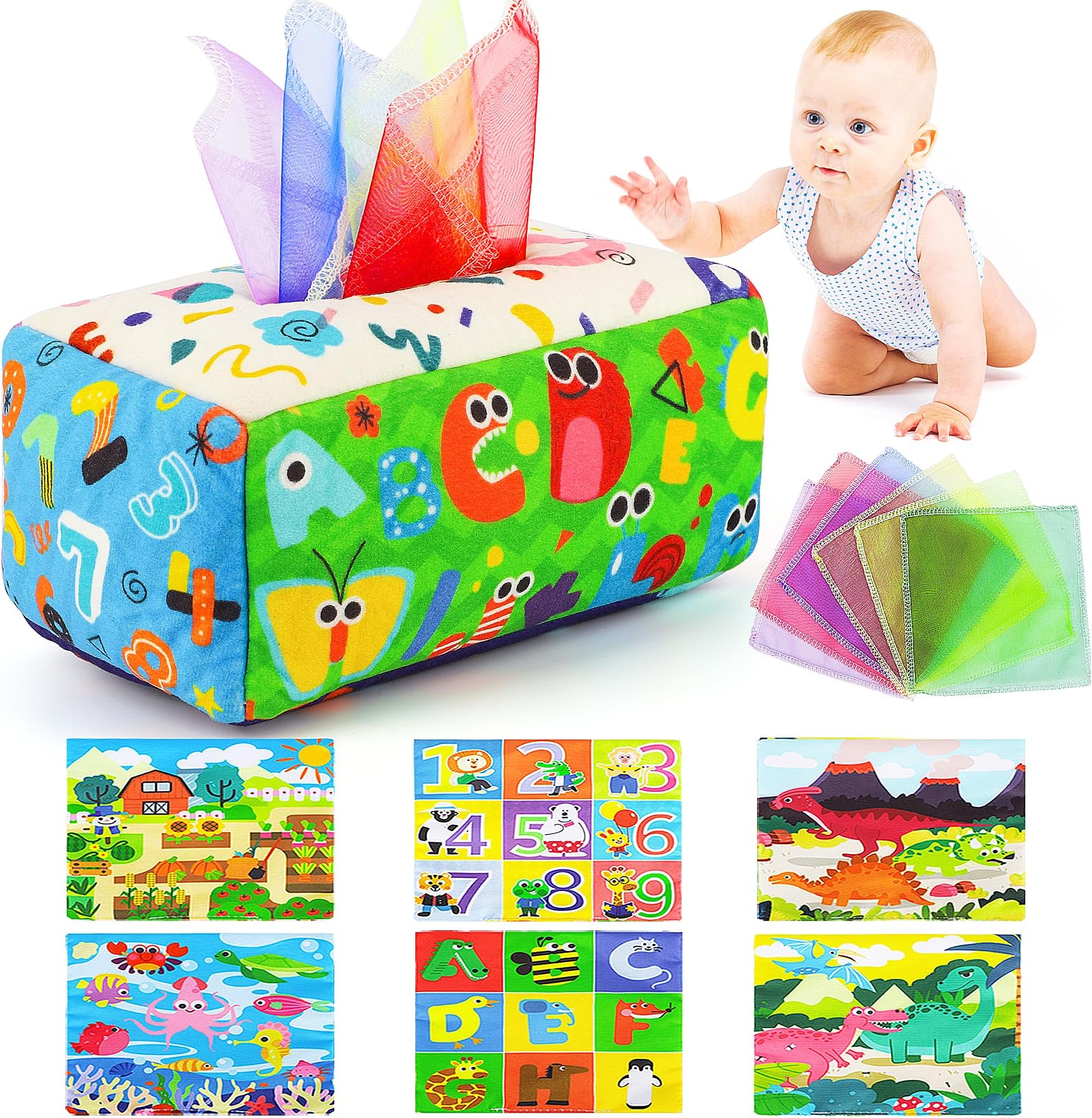 URMYWO Baby Toys 6 to 12 Months, Baby Tissue Box Toy, Sensory Toys for Babies, Toys for 1 Year Old Boy Girl, Soft Crinkle for Infant Toddlers, Stocking Stuffers, Baby Boy Girl Gifts