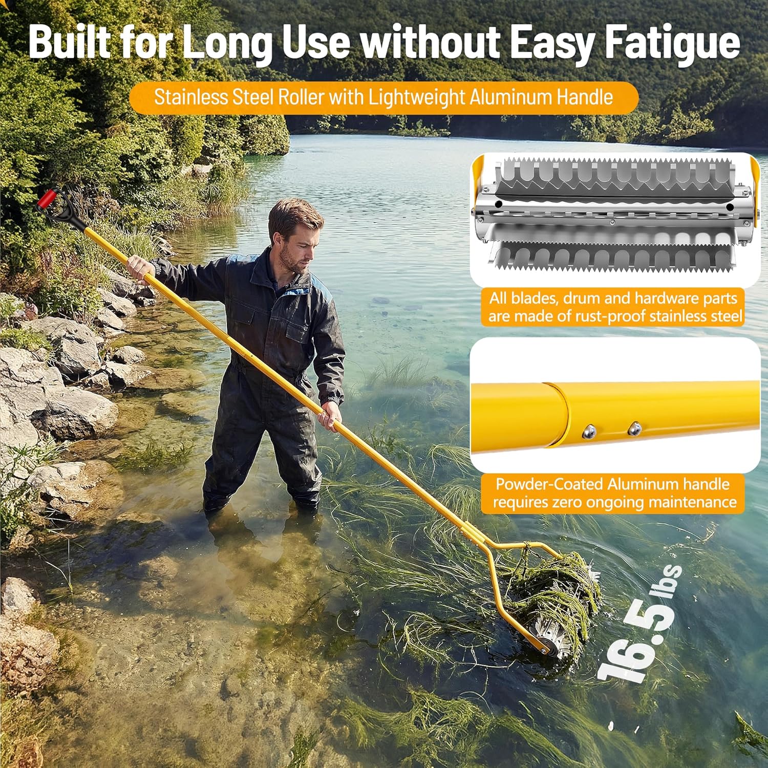 Pond Rake Roller, Lake Weed Remover, Aquatic Weed & Sludge Tiller, Stainless Steel Roller with 6 Blades & 13' Aluminum Handle for Pond, Lake, Beach and Shoreline Cleaning