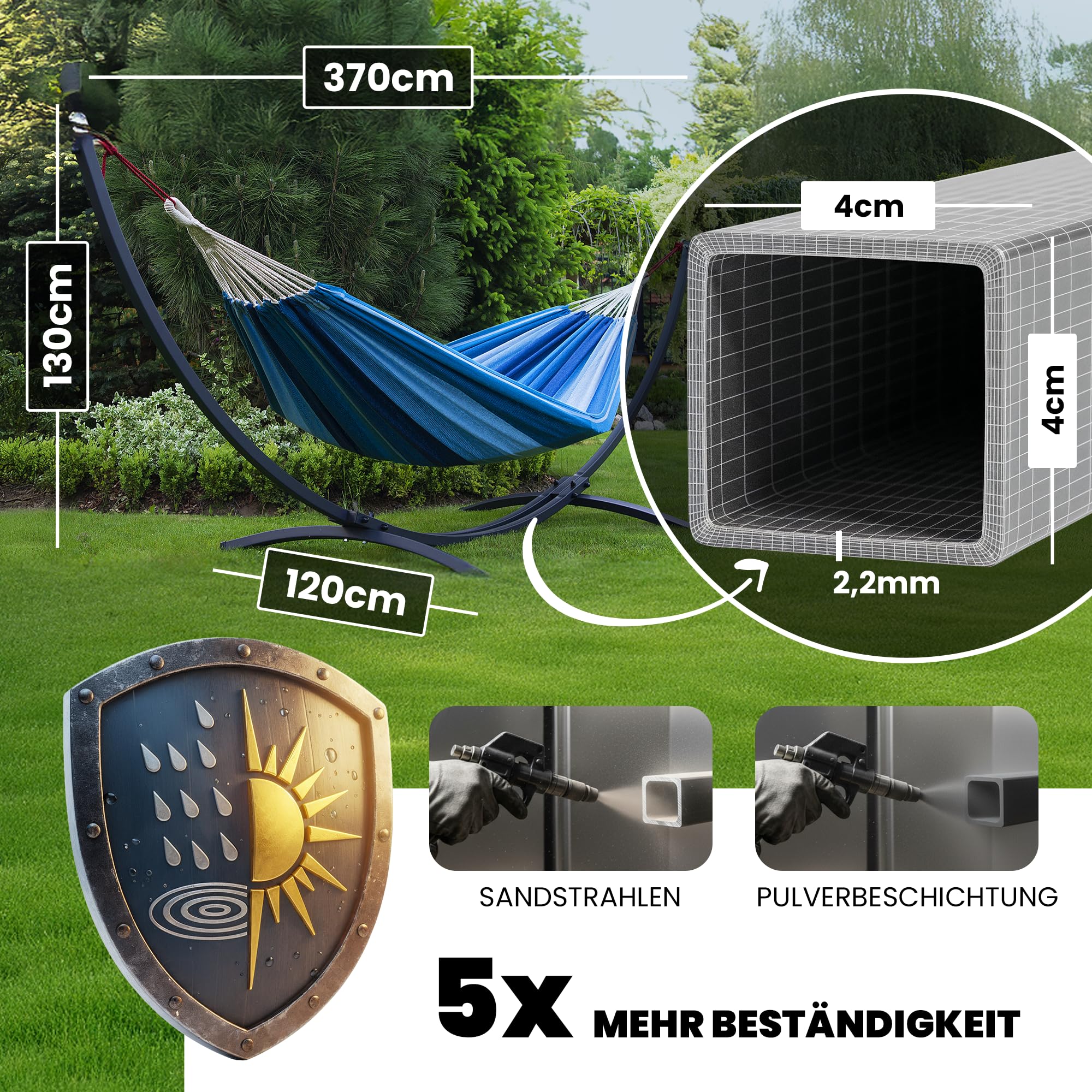 Potenza Outdoor Hängematte mit Gestell für 2 Personen I Baumwolle Doppelhängematte XXL 220x160, 200kg I Hängemattengestell 220kg, wetterfest (Grau, Basic Gestell Graphit)