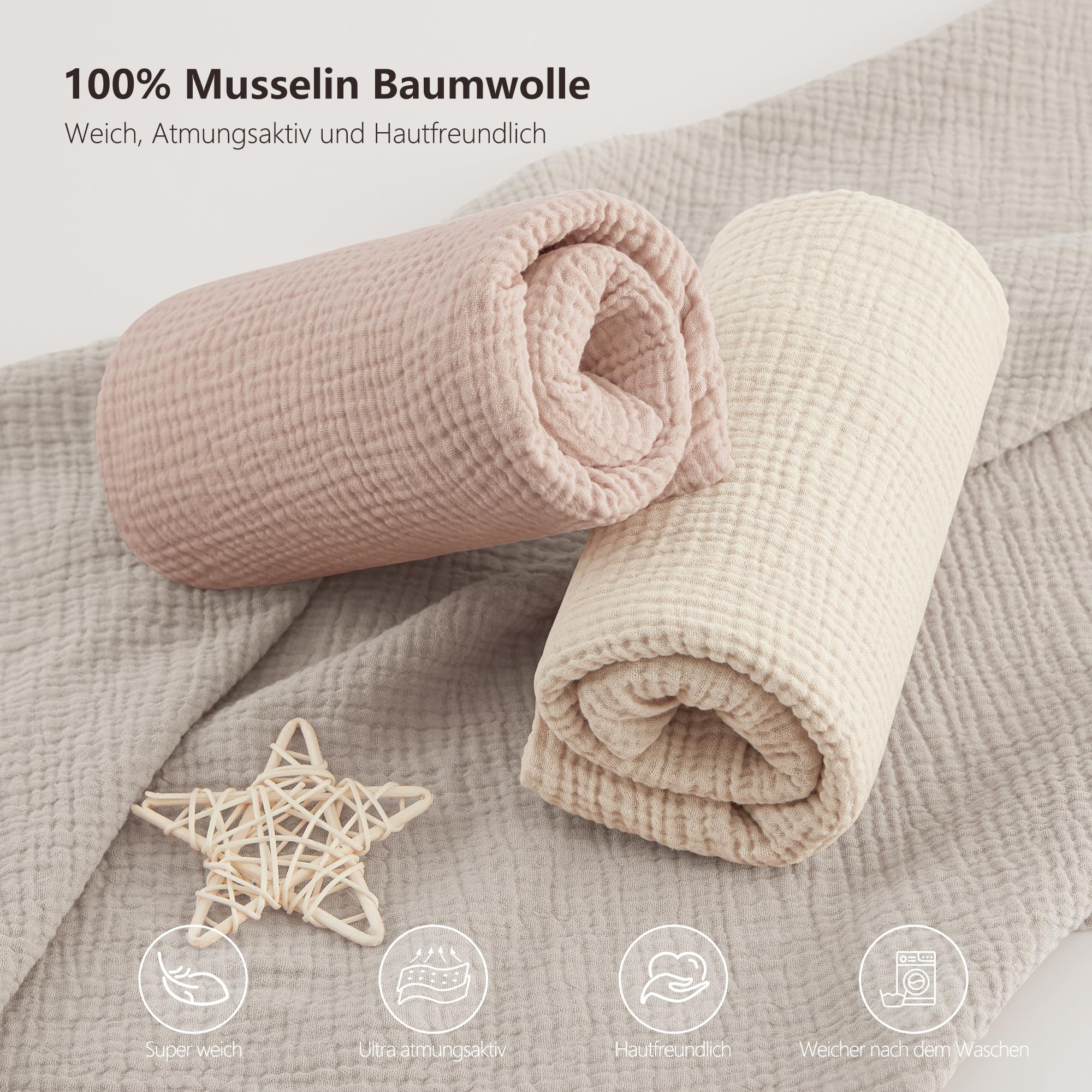 Bearmoss Sábana de Muselina, 100% Algodón, para Colchón Estándar de Cuna y Colchón de Cama Infantil, 60 x 120 cm/70 x 140 cm,Sabana Bajera Cuna Ajustables para Cama Auxiliar (Beige, 60x120)