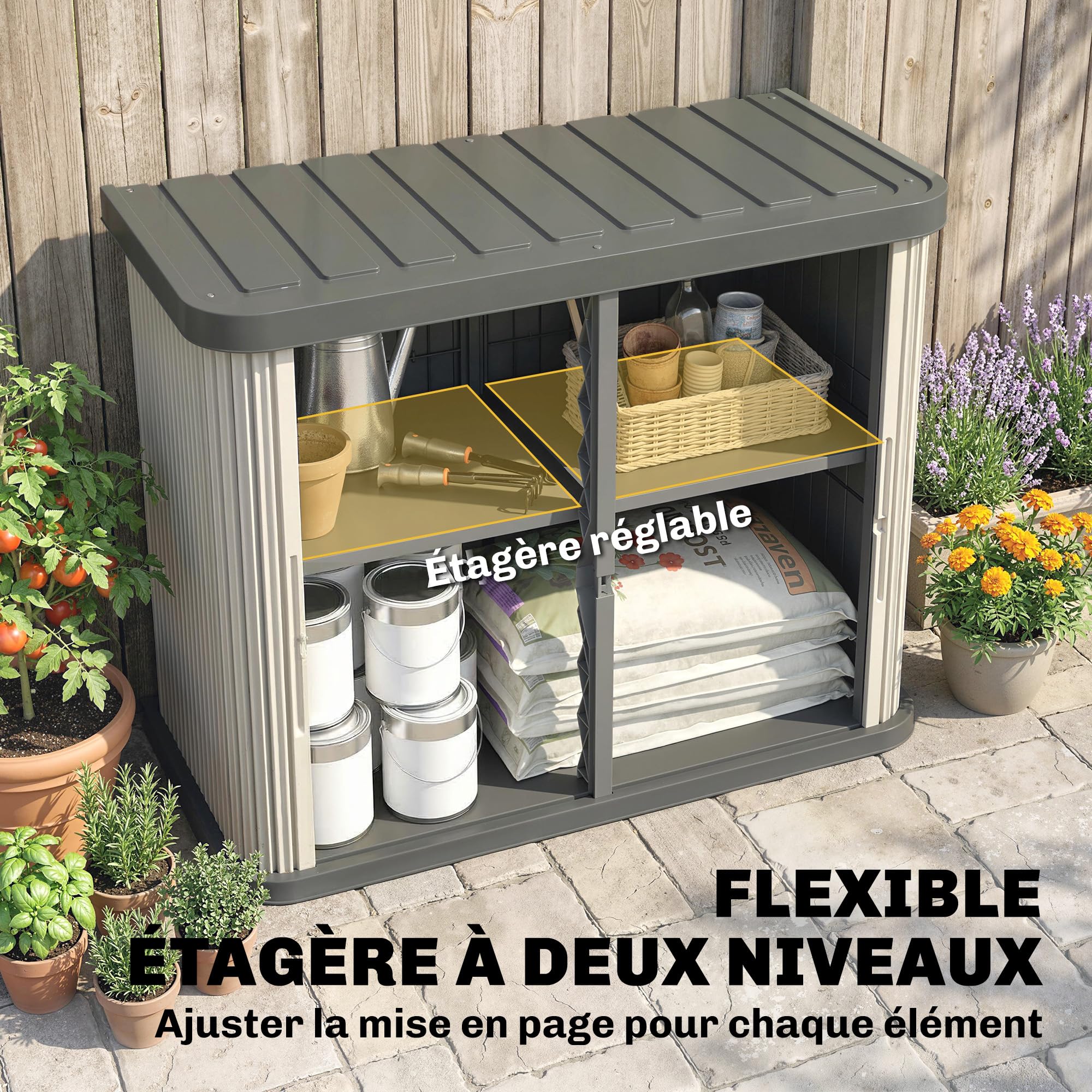 Outsunny Coffre de Rangement Extérieur 480 L 2 Niveaux Portes Coulissantes Résistant aux UV Jardin Terrasse 120,5x59,5x92cm Marron Clair