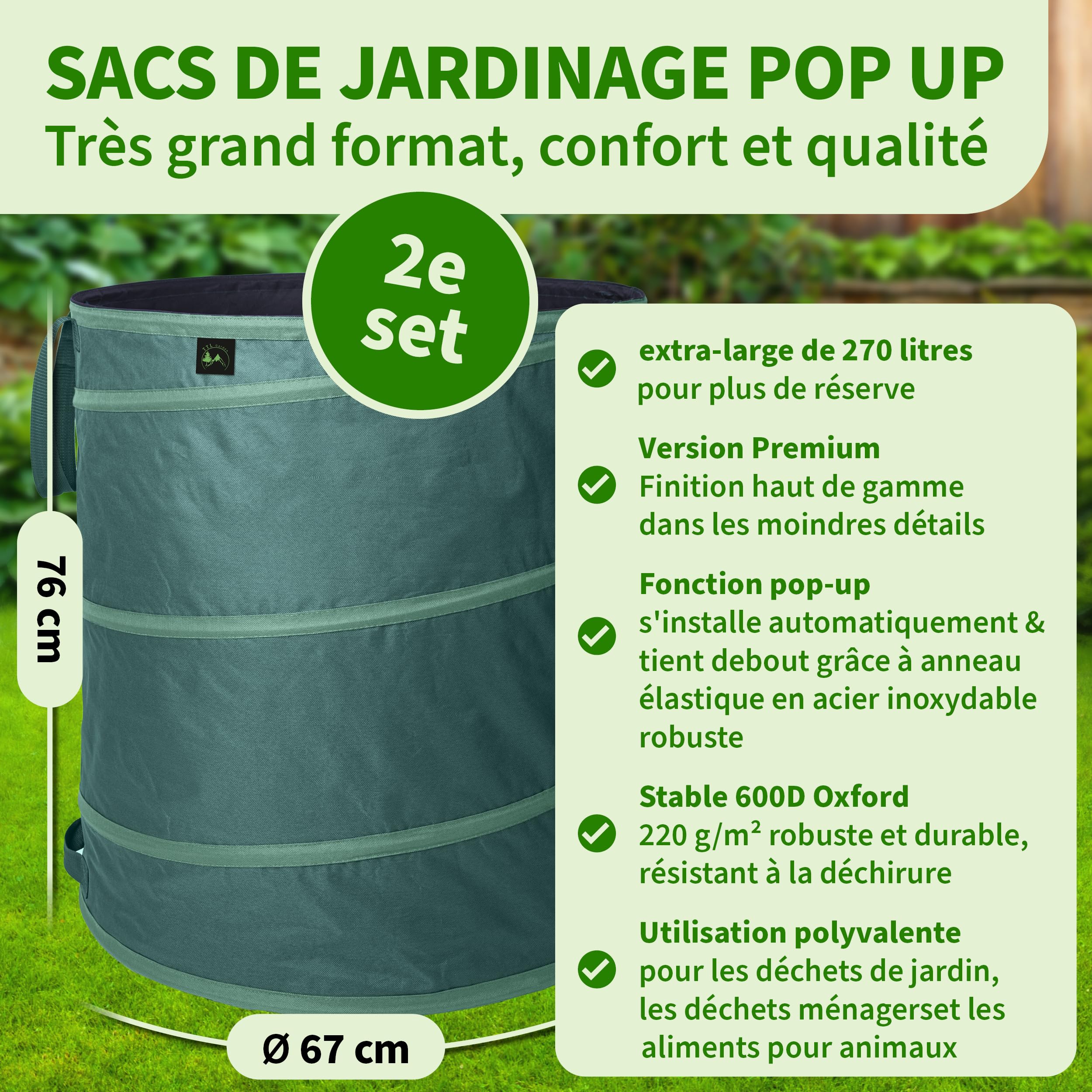 TTL Garden - Lot de 2 sacs de jardin pop-up de qualité supérieure - 270 l - 220 g/m² - 600D Oxford - 270 l - Pliables - Grand et stable - Pour déchets de jardin - À monter soi-même