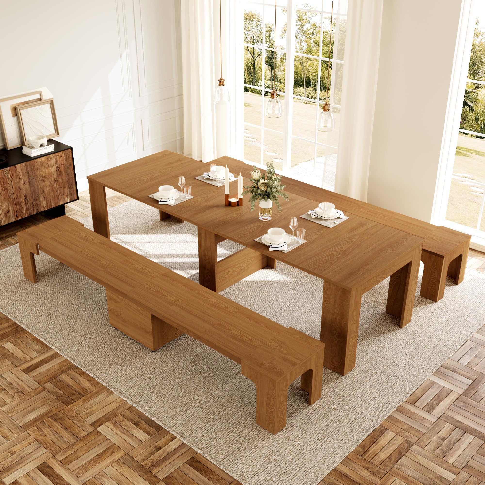 HIPIHOM 17.7"-118" Extendable Dining Table with 2 Benches, Extension Table Set with Extension Leaves Holder, Space-Saving Extra Long Dining Table Set for Meeting, Dining Room(Walnut Table+2 Benches)