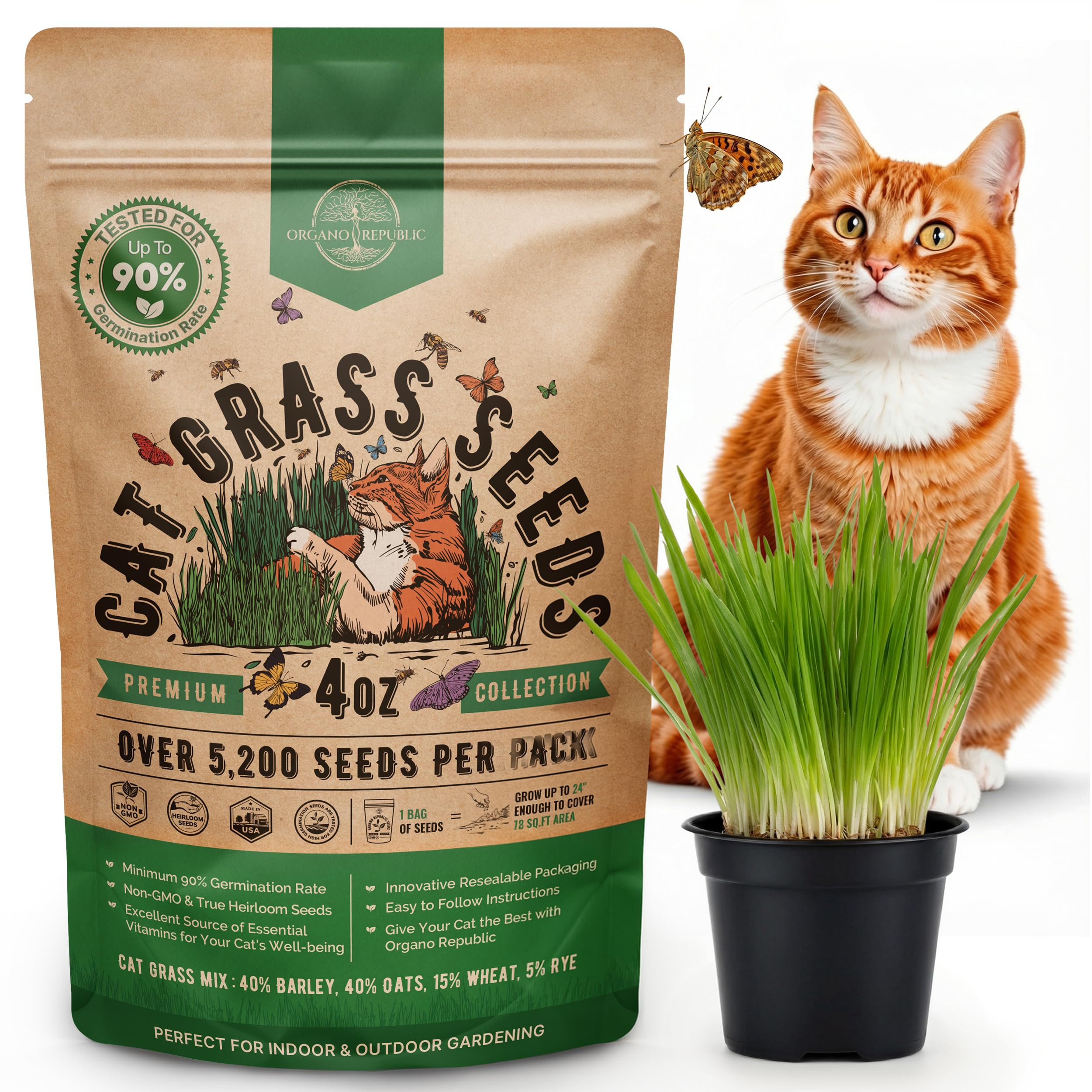 Cat Grass Seeds Mix - 5,200 Non-GMO Heirloom Seeds for Cats & Pets, 4 oz Pack for Growing Fresh Barley, Oat, Rye & Wheat Grass Seeds for Planting, Indoor Plants for Pets, Hairball Remedy for Cats