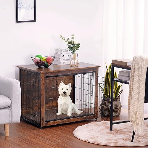 Miniatura 2 de DWANTON Mueble de jaula para perros con cojín, mesa de madera para perros, muebles de perro de doble puerta, perrera de interior, casa de perro,