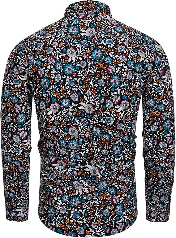 TUNEVUSE Men Floral Dress Long Sleeve Button Down Patterned Shirt Cotton