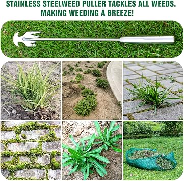 Weed Removal Tool, 2025 New Garden Weeding Tools Manganese Steel Hand Weeder Tool with Handle, 4 Teethes Dual Purpose Manual Weeders Tool Weed Pulling Tool for Garden19.6inch
