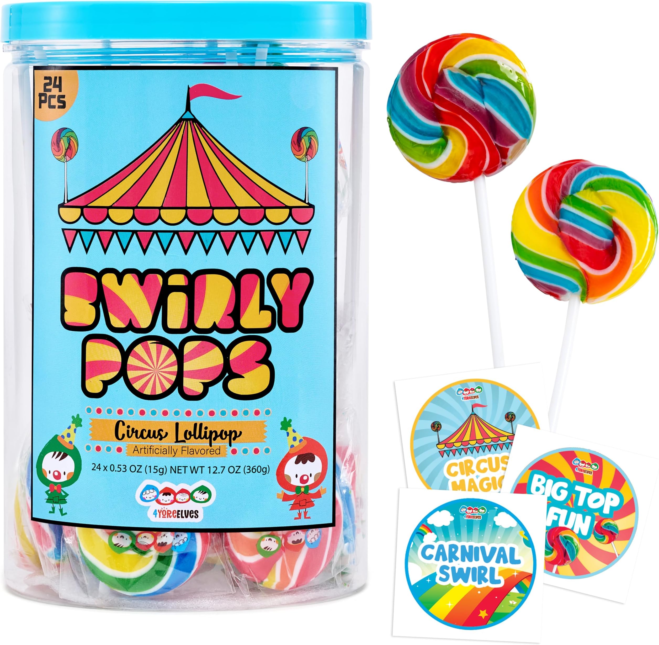 24 Rainbow Swirl Lollipops Individually Wrapped, Circus Party Favors | Bulk suckers for goodie bags, birthday party favors, cake toppers and classroom treats by 4YoreElves