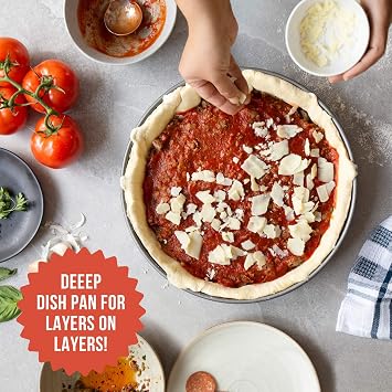 Chef Pomodoro Chicago Deep Dish Pizza Pan, 12 Inch Hard Anodized Aluminum | Pre-Seasoned Nonstick Pizza Pan for Oven, Great for Casseroles, Pies & Deep Dish Desserts, Heavy Duty Round Bakeware