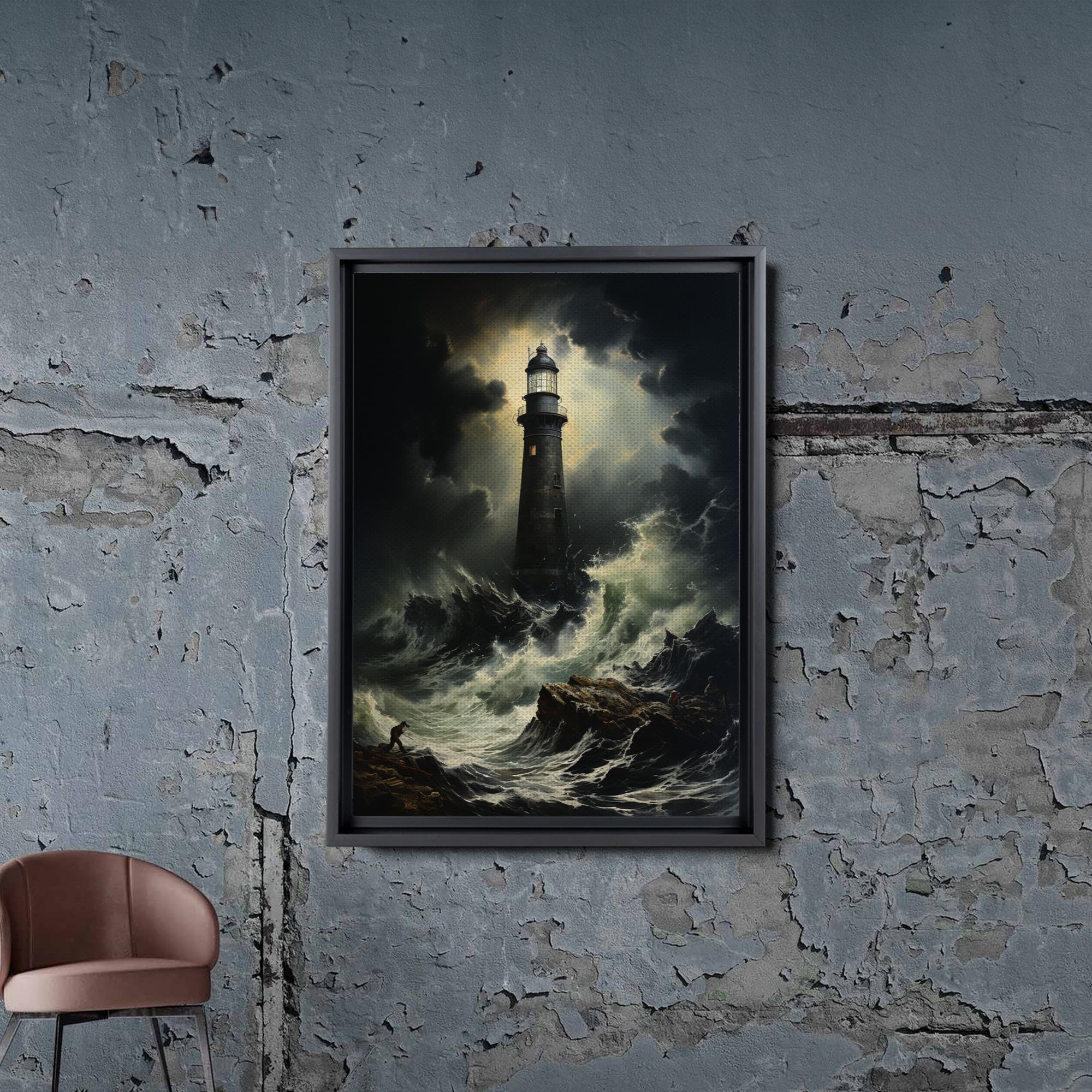 Lighthouse in a storm, black and white, tsunami waves, framed canvas print, ready to hang framed wall art, Decor Canvas, Home Decor