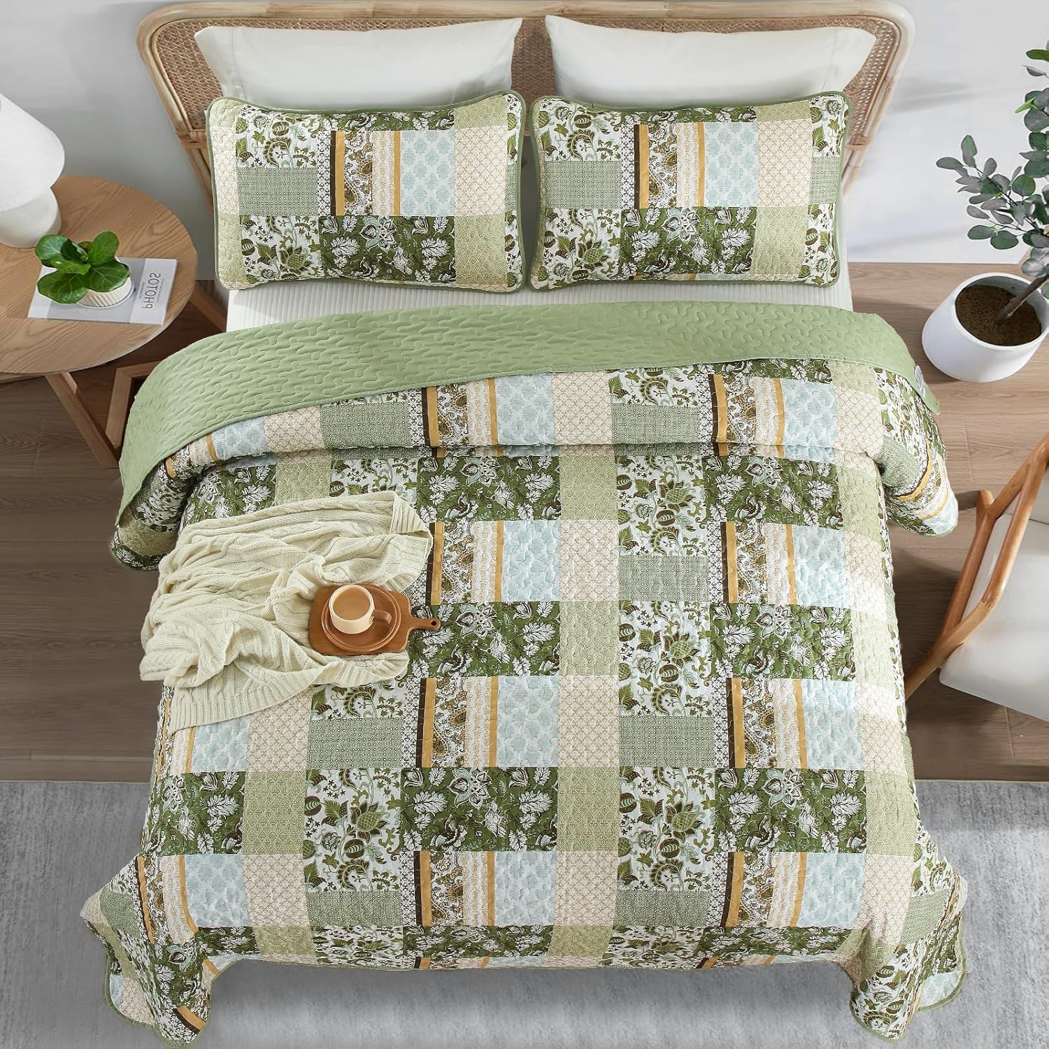 WONGS BEDDING Green Quilt Set King Size,Patchwork Plaid Printed Bedspread Coverlet Set,3 Pieces Summer Soft Microfiber Floral Bedding Set with 1 Quilt 2 Pillowcases - Image 3