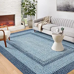GAOMON Entryway Rug 3x5 Non Slip Washable Rug Braided Print Low Pile Floor Cover Indoor Soft Kitchen Mat Ultra-Thin Non-Shedding Farmhouse Floor Mat for Bedroom Laundry Under Table Office Dorm Blue