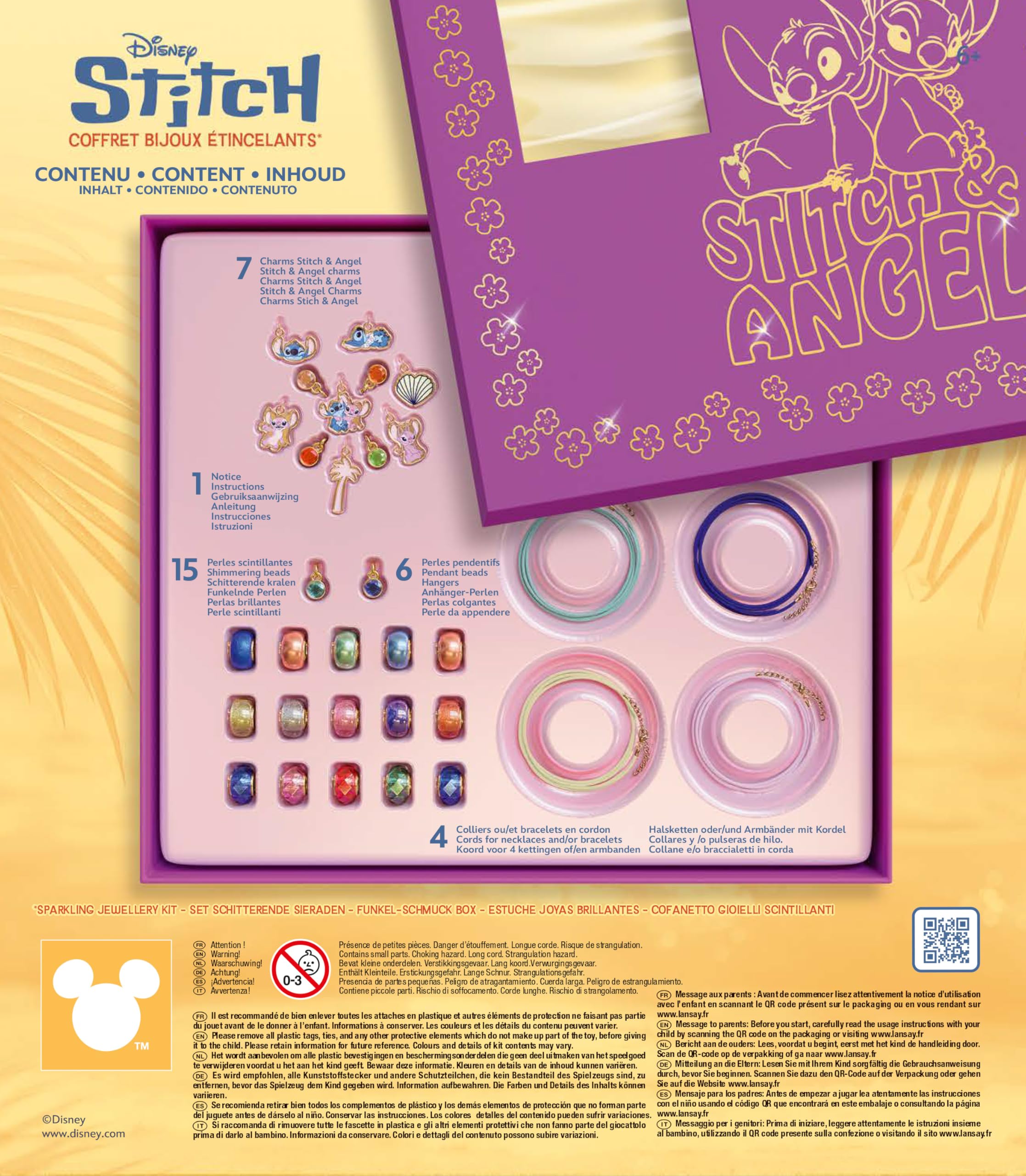 Lansay - DISNEY STICH - Cofanetto Bijoux Scintillanti - Kit Creazione Gioielli per Bambine dai 6 Anni - Include Perline Luminose, Charms Stitch e Angel e Accessori - Idea Regalo Fai-da-Te Creativa