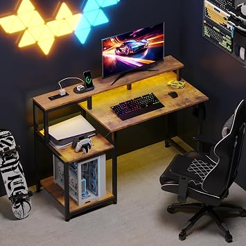 CAIYUN Computer Desk with Printer Stand, 48 Inch Computer with Power Outlets & Adjustable LED, Office Desk with Monitor Stand Rise, Teen Study Working Table, Brown