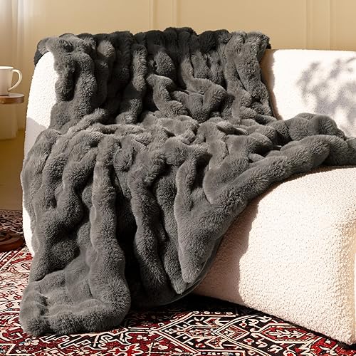 blunique Ultra Soft Cozy Faux Fur Throw Blanket-Fuzzy Plush Thick Bubble Blanket, Fluffy Blanket for Couch, Sofa, Bedroom, and Living Room, 50x60 Inches, Dark Grey Taupe - Bubble Dark Grey - Throw