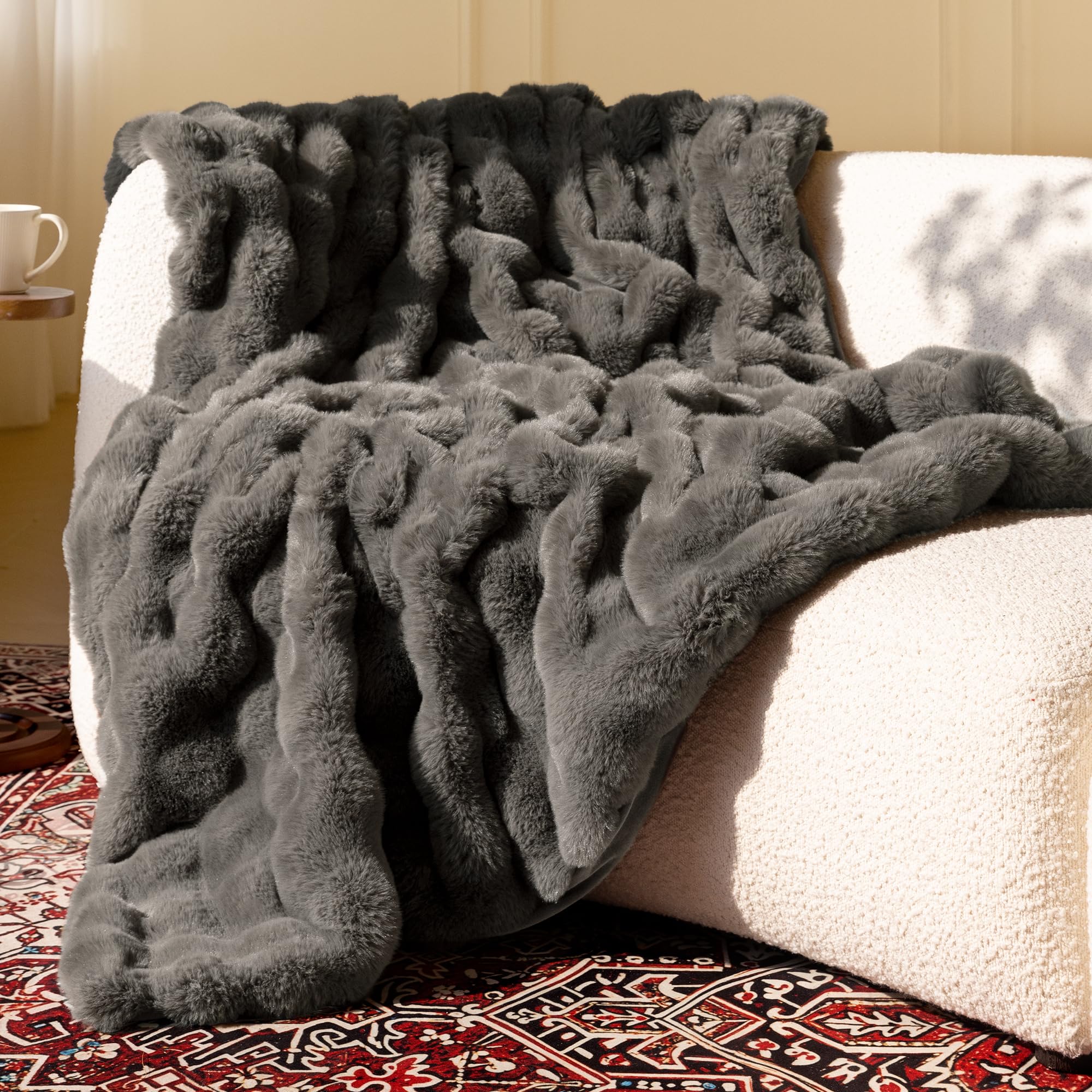 Ultra Soft Cozy Faux Fur Throw Blanket-Fuzzy Plush Thick Bubble Blanket, Fluffy Blanket for Couch, Sofa, Bedroom, and Living Room, 50x60 Inches, Dark Grey