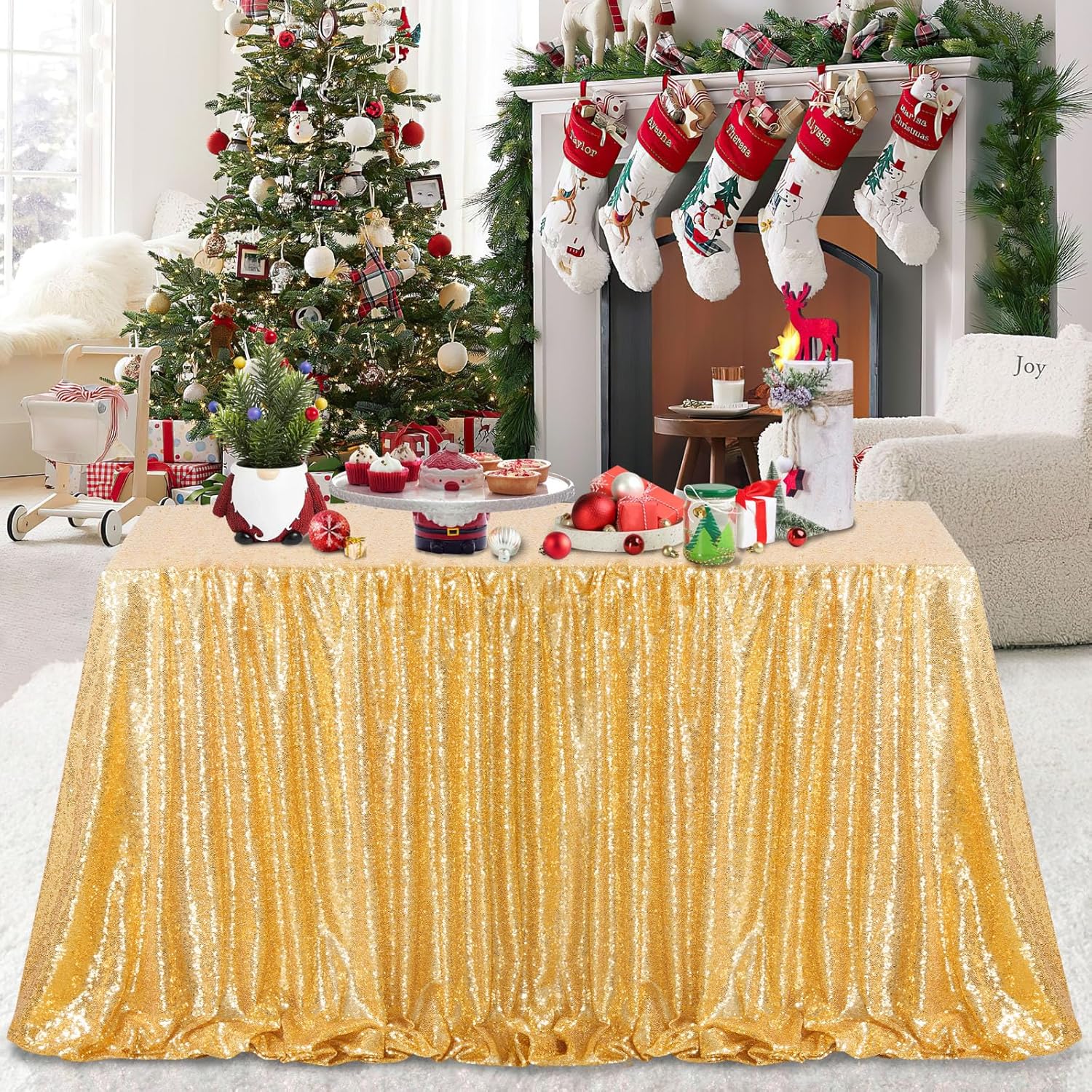 MoKoHouse Tablecloth Rectangle 90x156 Gold Sequin Table Cloth Seamless Glitter Fabric for Home Party Wedding Decor Christmas Decorations
