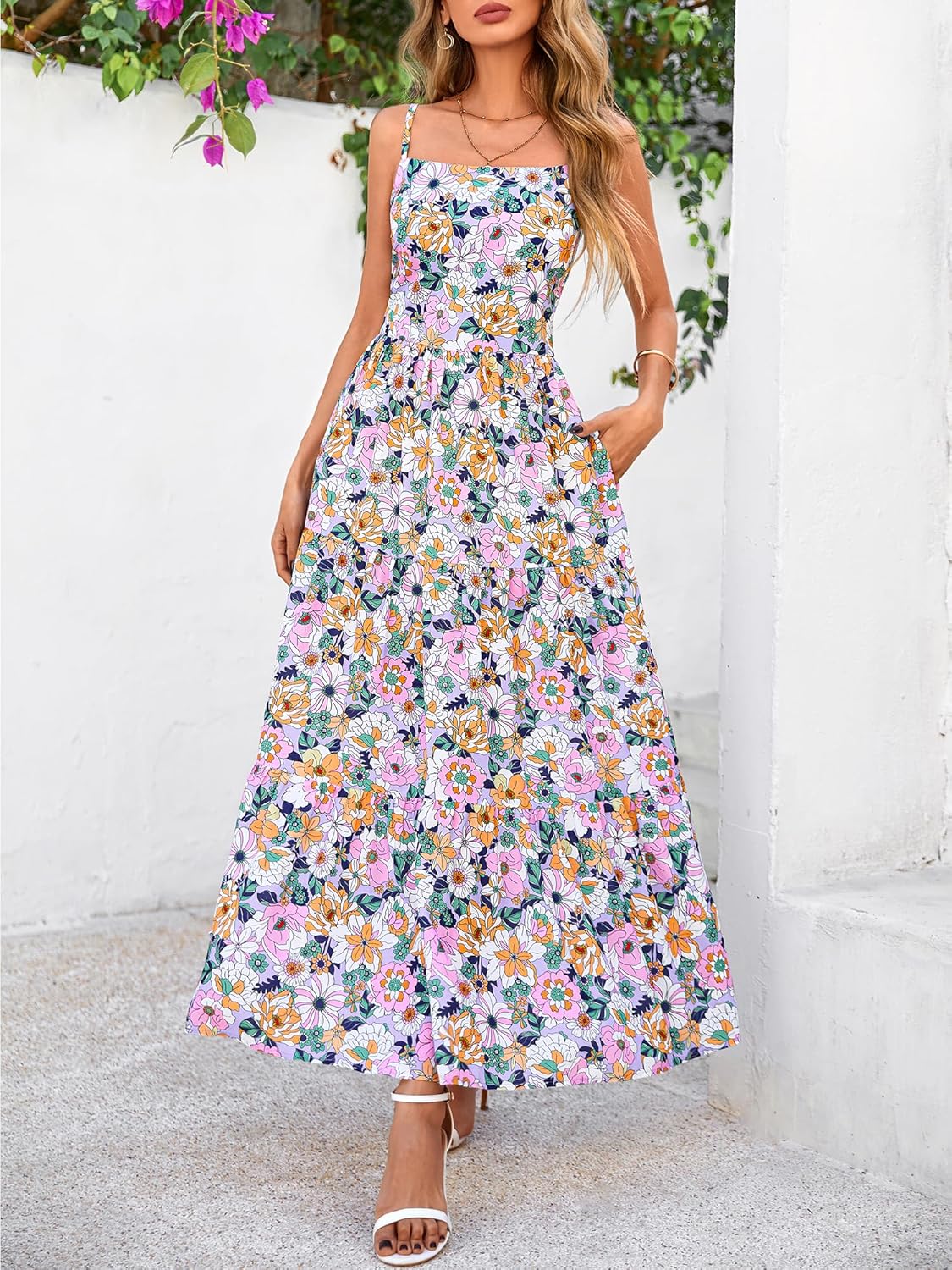 NOLLSOM Women's Summer Dress 2025 Casual Floral Boho Maxi Dresses Sleeveless Spaghetti Strap Long Beach Sun Dresses - Image 7