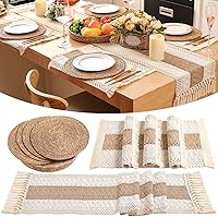 Vista 1 de Boho Placemats 4/6/8 Set of Round Woven Placemat Macrame Style Bicolor Stitching Long Table Runner Farmhouse Rustic Natural Burlap Cotton for