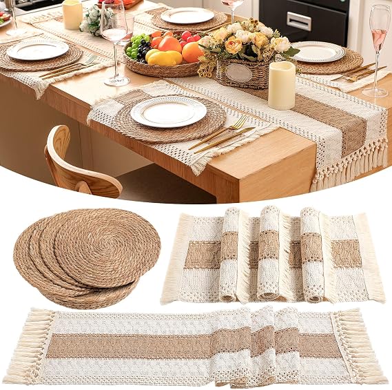 Boho Placemats 4/6 Set of Round Woven Placemats Macrame Style Bicolor Stitching Long Table Runner Farmhouse Rustic Natural Burlap Cotton for Kitchen Dining Table Home(Brown,4 Sets)