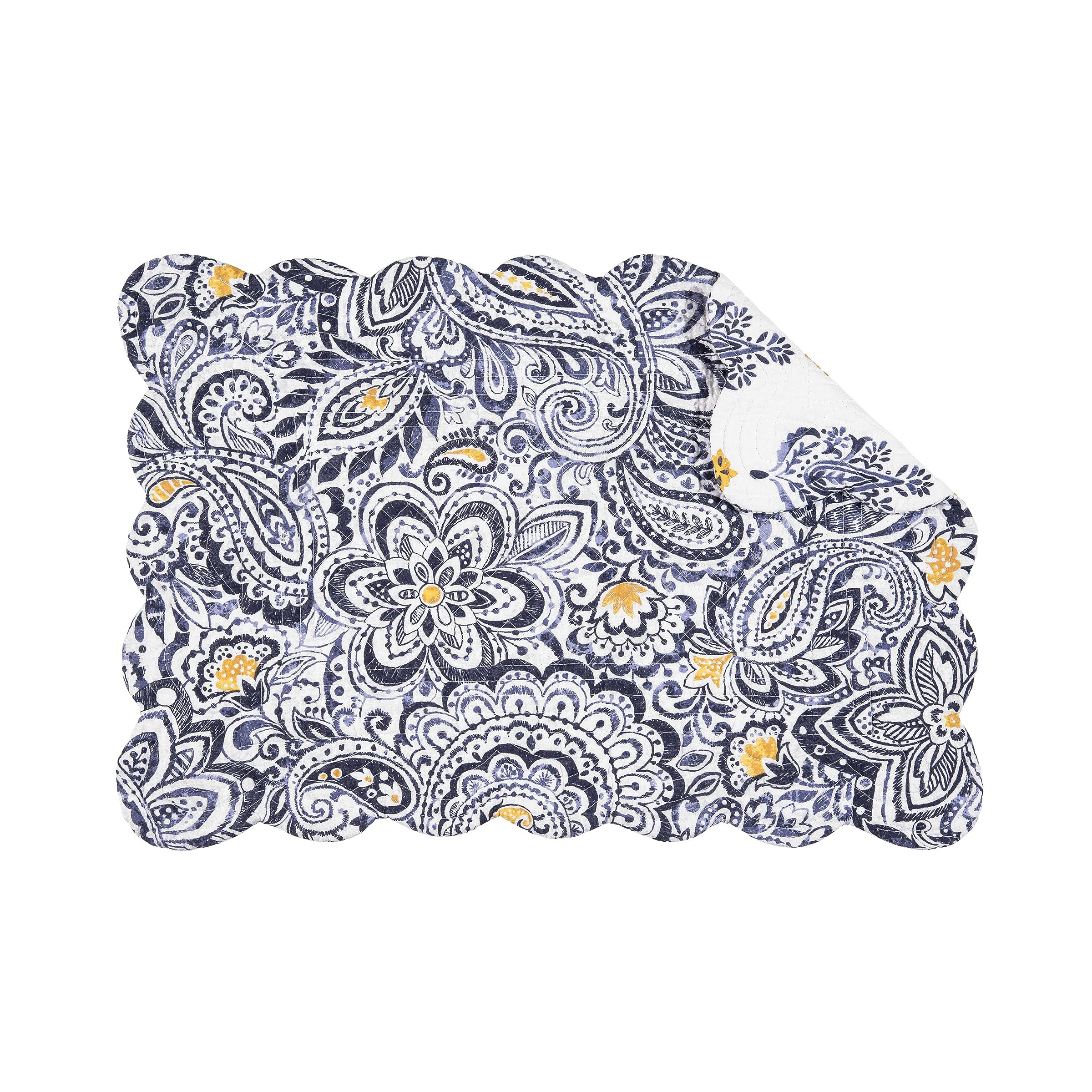C&F Home Serena Quilted Placemats Set of 6 Placemats Machine Washable Scallop Edge Rectangle Blue and Yellow Floral Pattern Cotton Reversible 13" x 19" Blue