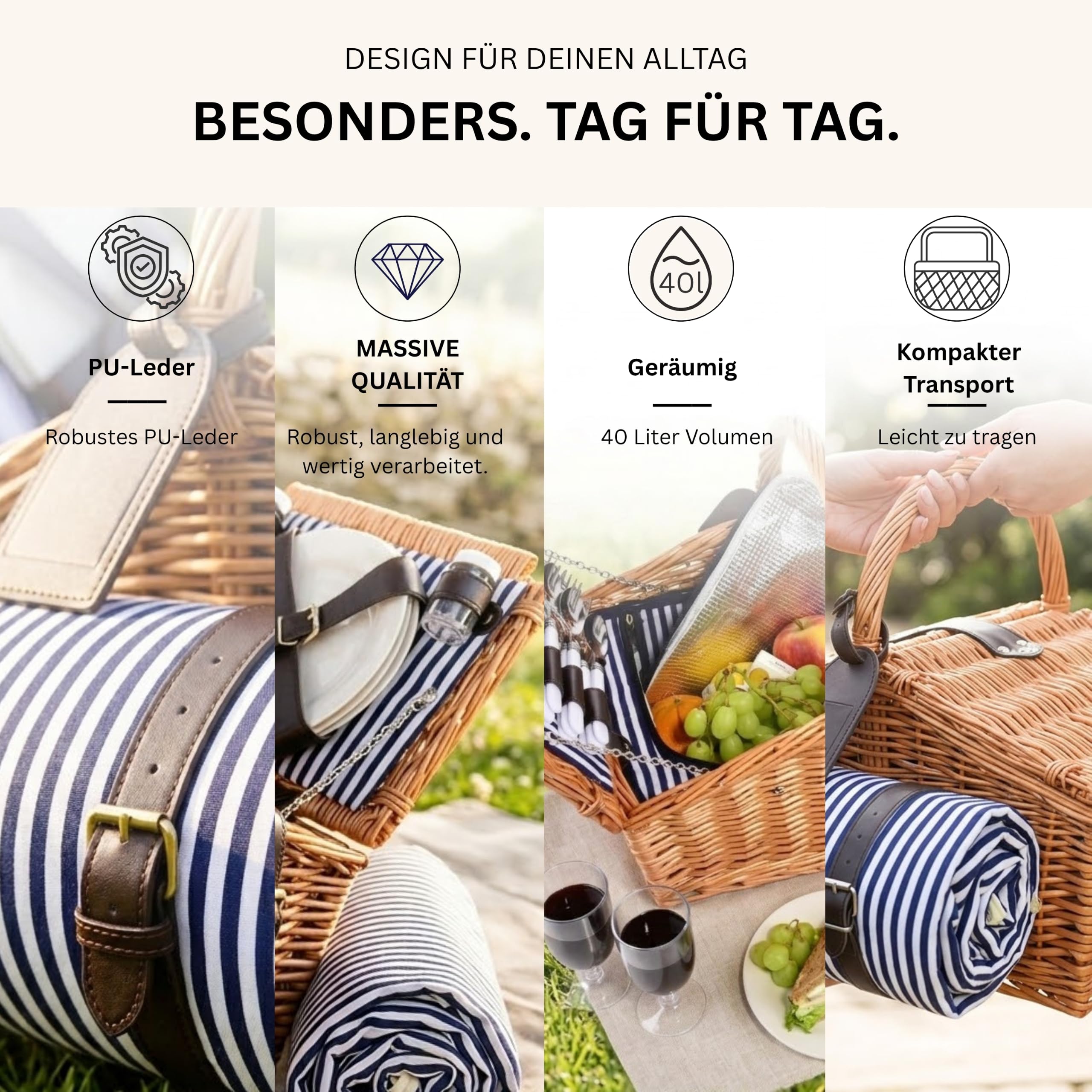 Sänger | Picknickkorb Sylt, 24-teiliges Komplettset für 4 Personen, Picknickkorb Groß, Picknick Decke & Geschirr