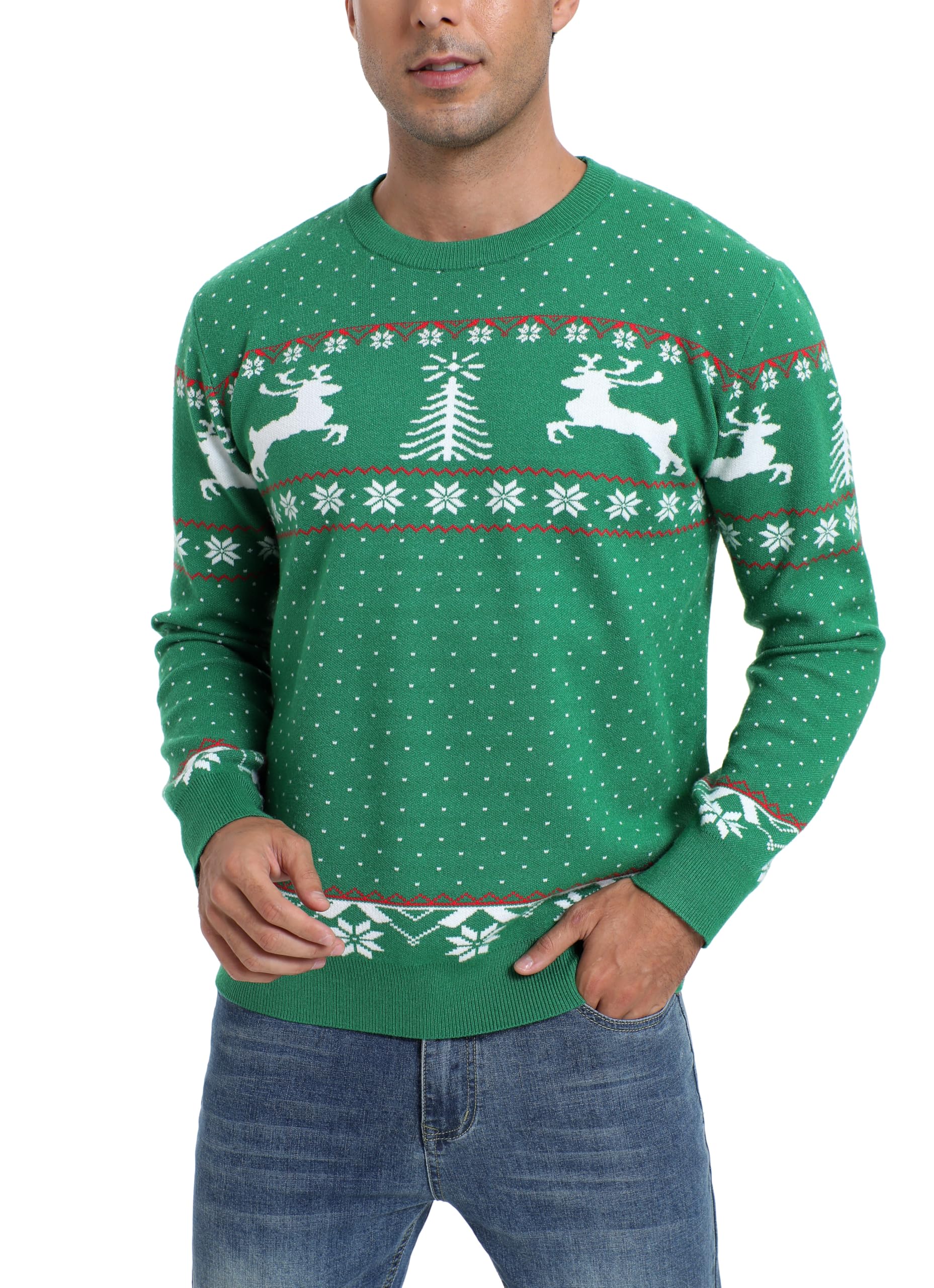 Enjyam Damen Weihnachtspullover Rundhals Langarm Strickpulli mit Rentier Schneeflocken Weich Warm Norwegerpullover für Winter