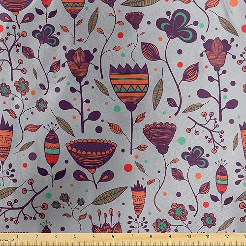 Ambesonne Floral Fabric by The Yard, Hand Drawn Blossom Field Vibrant Magnolia Pansy Spring Branches Leaves Shabby Motif, Decorative Satin Fabric