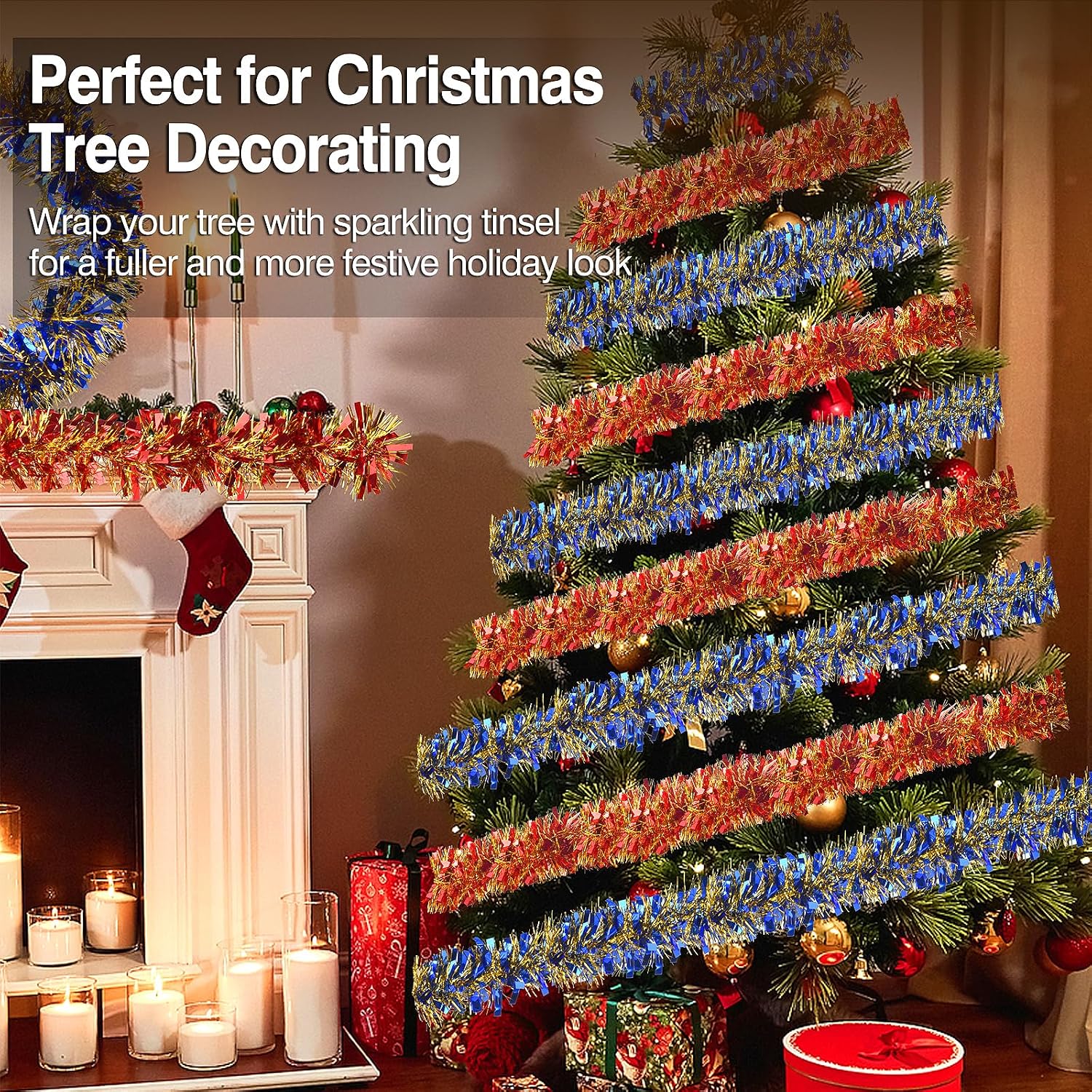 39.3FT Christmas Tinsel Garland Tree Garland Party Decor, Blue Gold