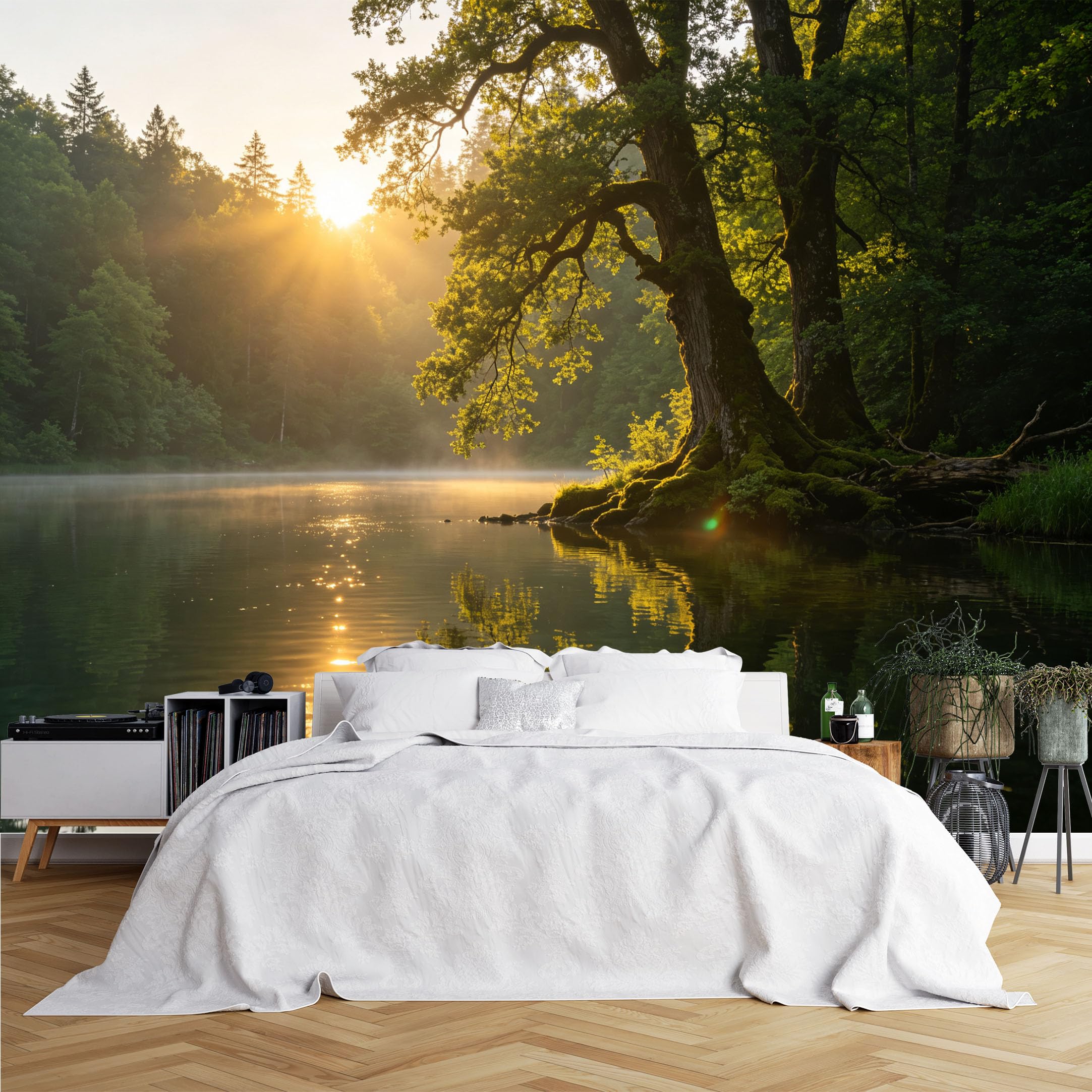 Lcythiazole Ch260615030 Custom Size Wall Murals Morning Oak Tree Lake Scenery Wall Murals Wall Stickers Wallpaper Self-Adhesive Removable Wallpaper For Cottage Living Room Study