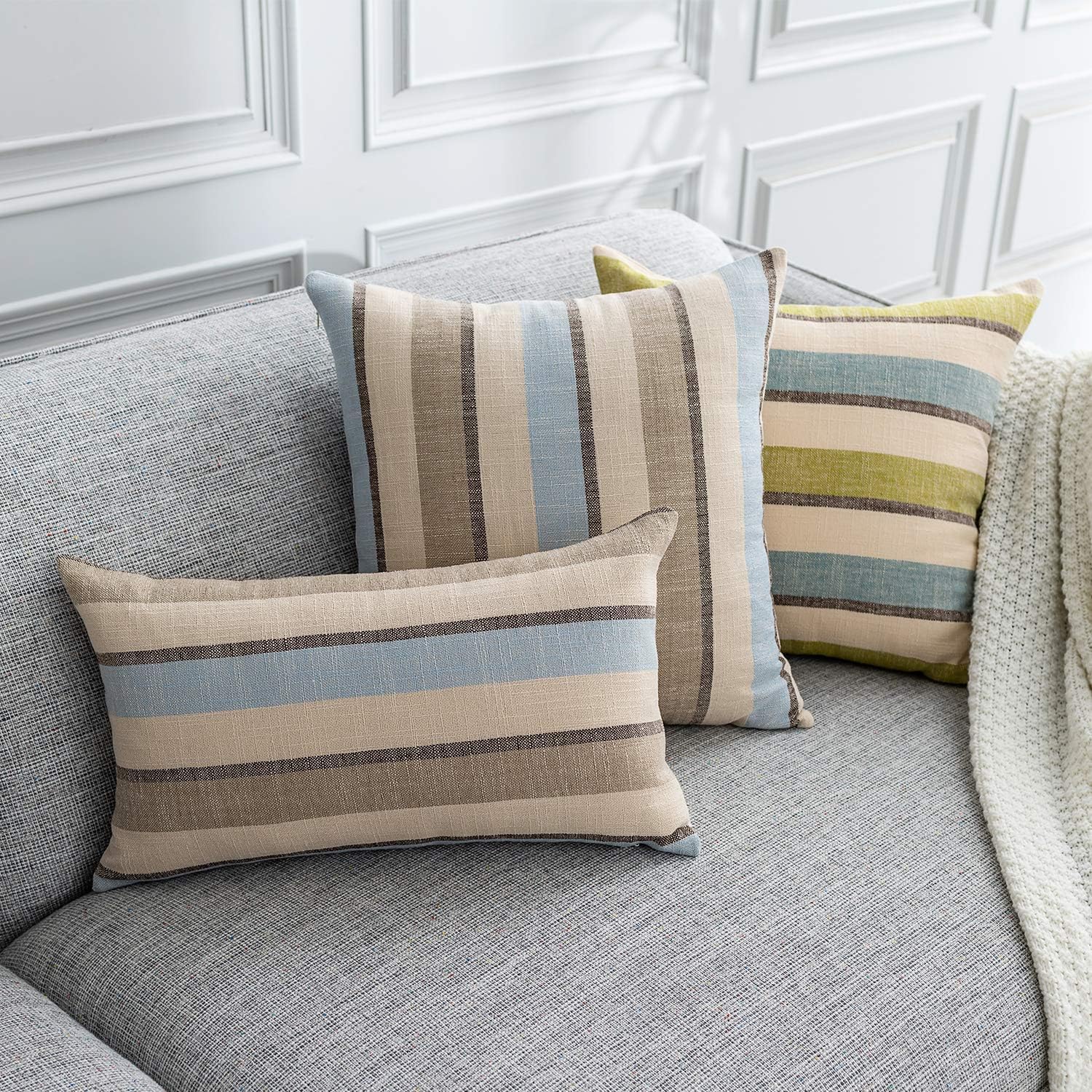 2 Pieces Decorative Classic Retro Stripe Throw Pillow Cover Euro Sham Soft Faux Linen Modern Farmhouse Cushion Case for Sofa Bedroom Car 26 x 26 Inch Grey Blue Mixed