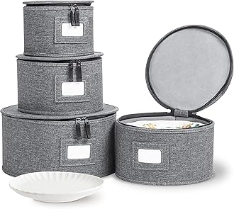 storageLAB China Storage Containers, Hard Shell Case with Felt Dividers for Charger Plates, and Dishes, Ideal for Kitchen Organization, Moving Supplies, and Fine China Storage - 4-Piece Set, Gray