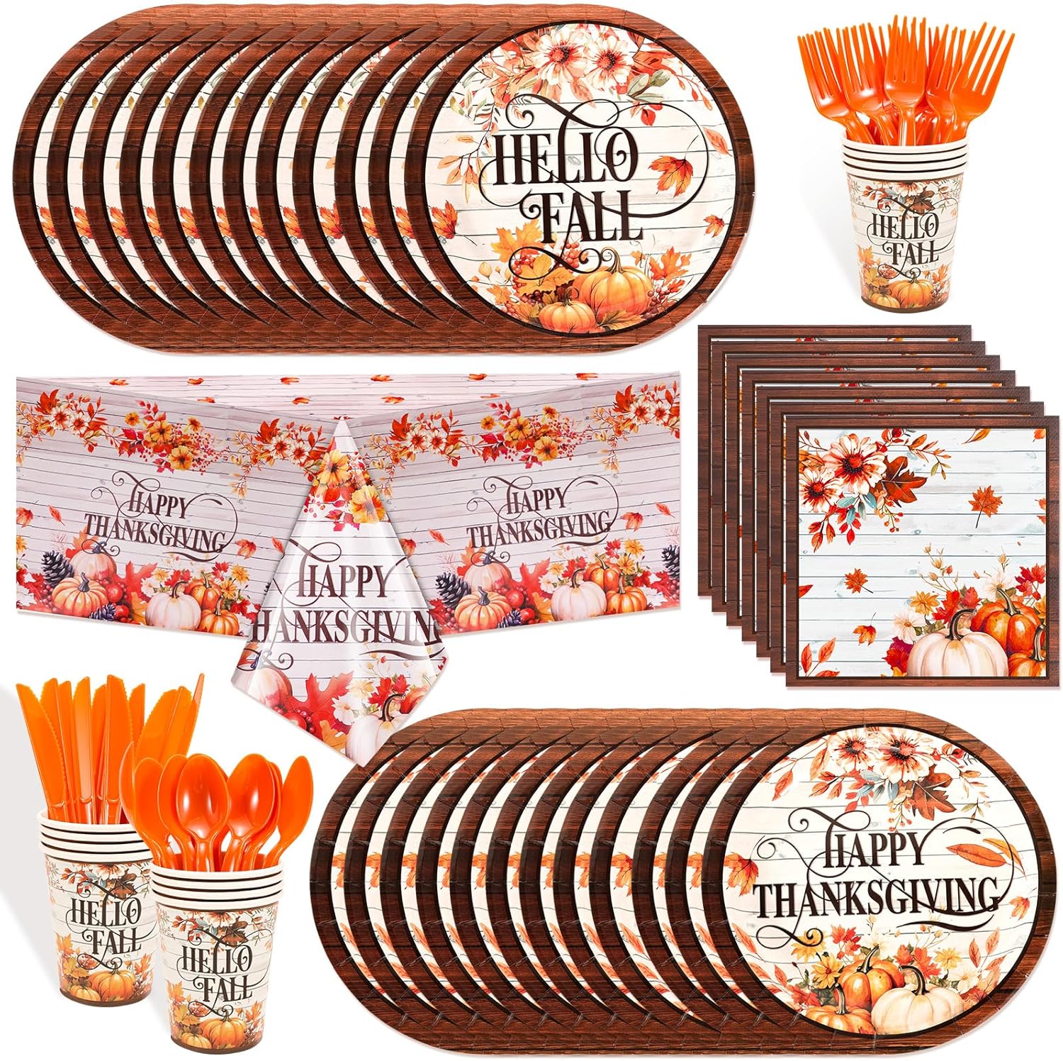 HOWAF Thanksgiving Dinnerware Set, Fall Maple Leaves Disposable Tableware Set Plates Napkin Tablecloth Knifes Forks Spoons for Thanksgiving Friendsgiving Party Turkey Day Dinner Table Decorations