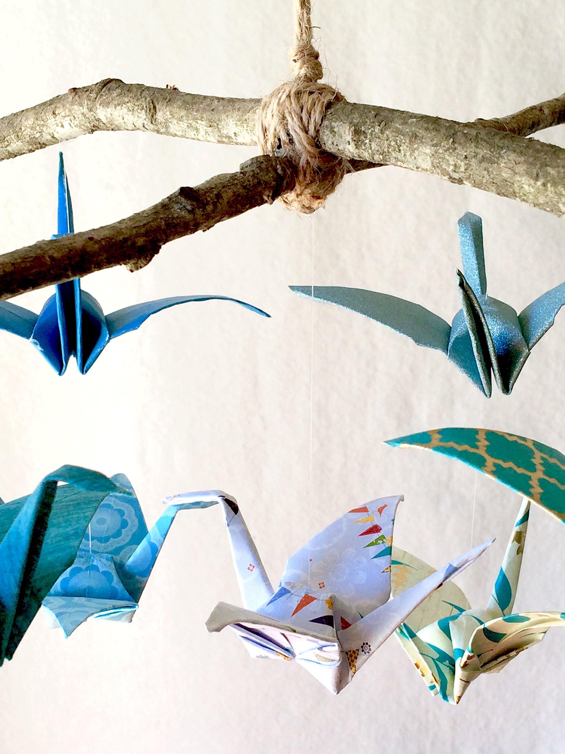 Baby - Origami Paper Lucky Peace Crane Mobile for Baby nursery, crib, office or home - Multi Blue theme. By Liz Taylor Designs.