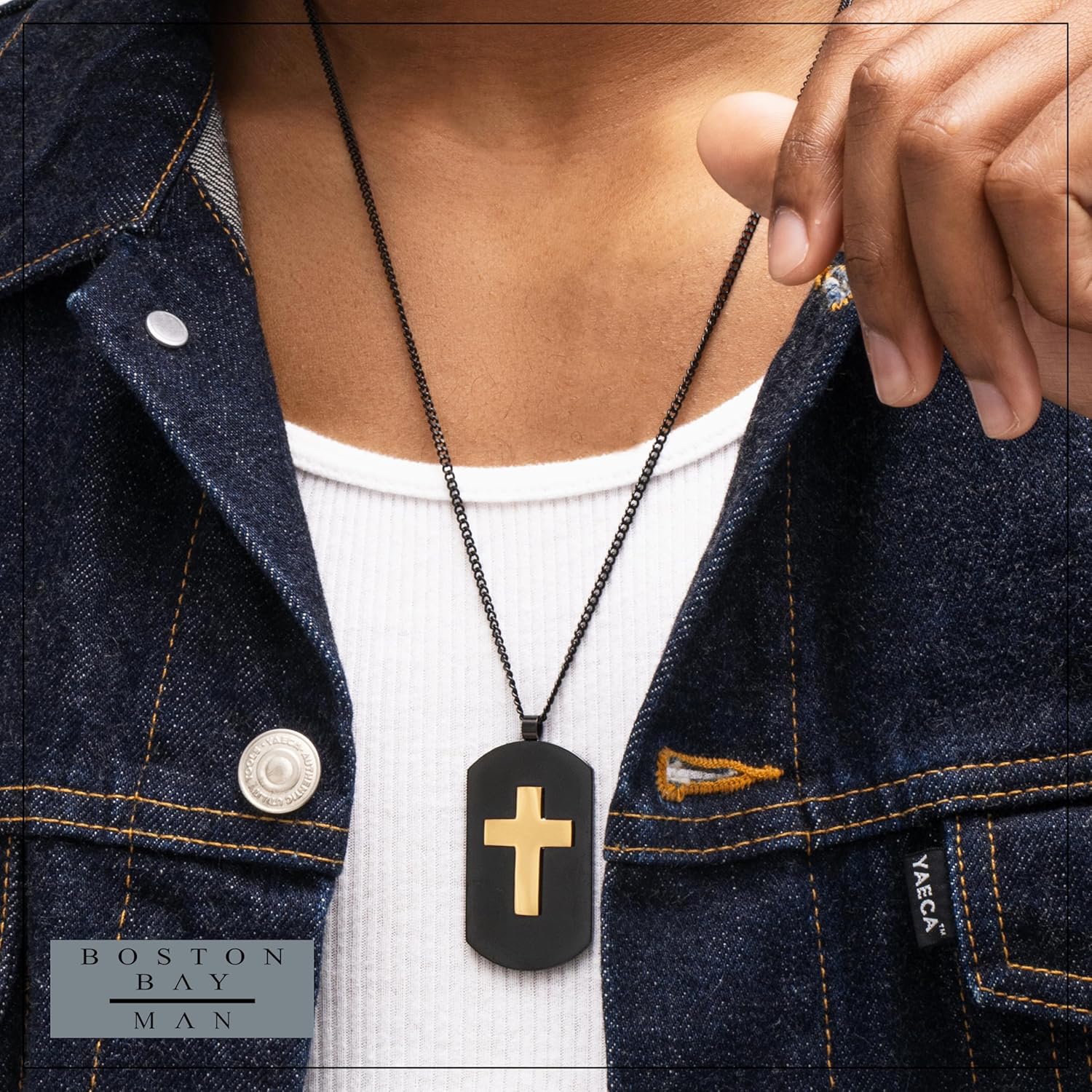 Boston Bay Diamonds Men's Cross Dog Tag Pendant in Yellow & Black Ion-Plated 316L Stainless Steel on 24" Black Curb Chain - Image 2