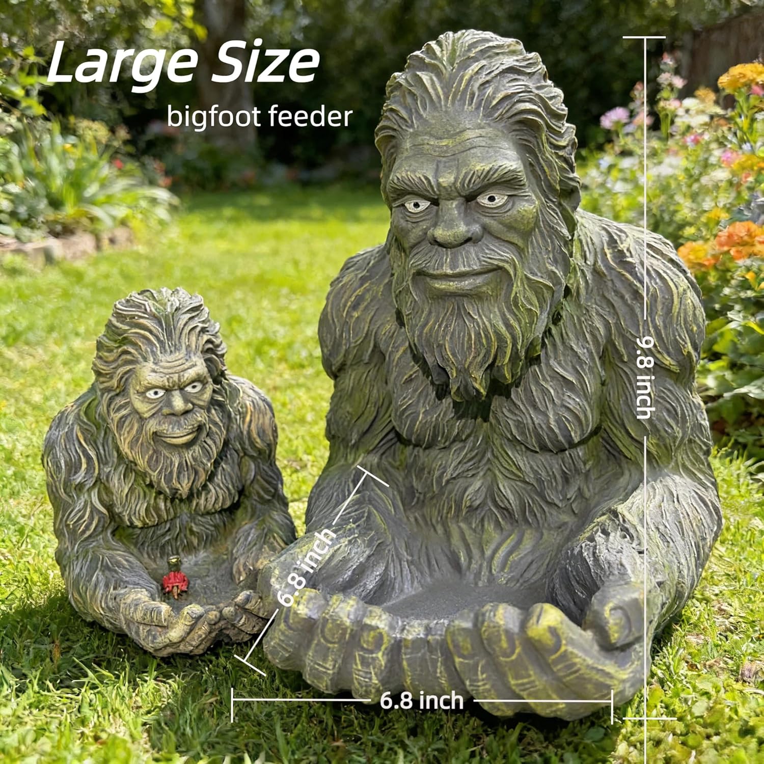 Large Bigfoot Bird Feeder Satue: 9.8" Green Garden Yard Art Decoration Sculpture for Hummingbird Squirrel - Handcraft Outdoors Hanging Feeder Decor Gifts for Mom Gardening Bird Lover's