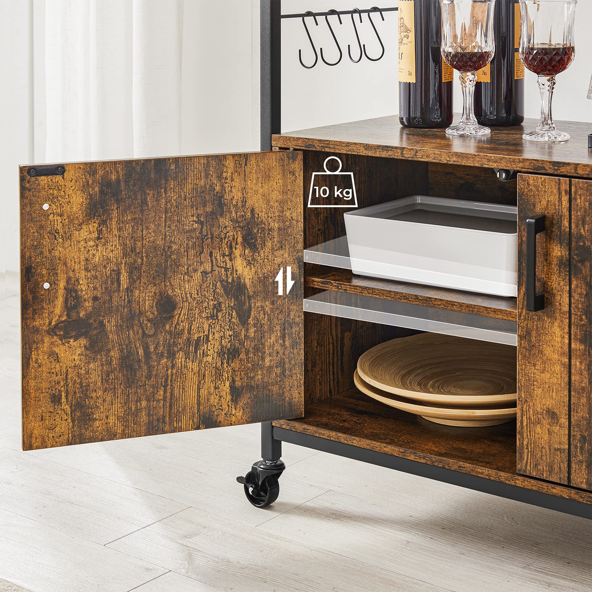VASAGLE Sideboard, Kitchen Island, Baker’s Rack with Wheels, Food Trolley with Doors, 8 Hooks