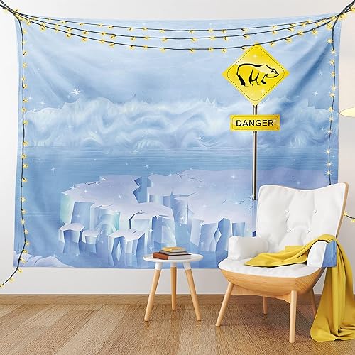 Miniatura 9 de Lunarable Tapiz de invierno tamaño King, letrero de peligro de oso polar en iceberg ártico norte nevado ilustración agrietada, colcha colgante de