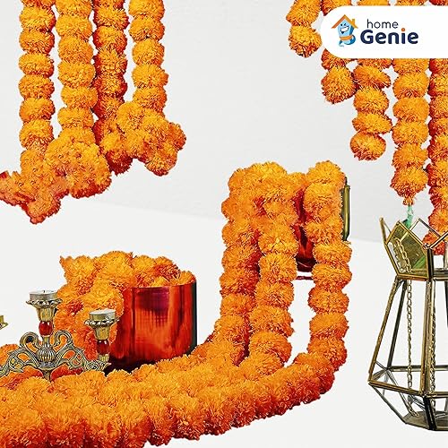 Miniatura 5 de HOME GENIE Genda Phool - Guirnalda de caléndula artificial de flores esponjosasGenda Phool para decoración de oficina, 5 piezas, mango
